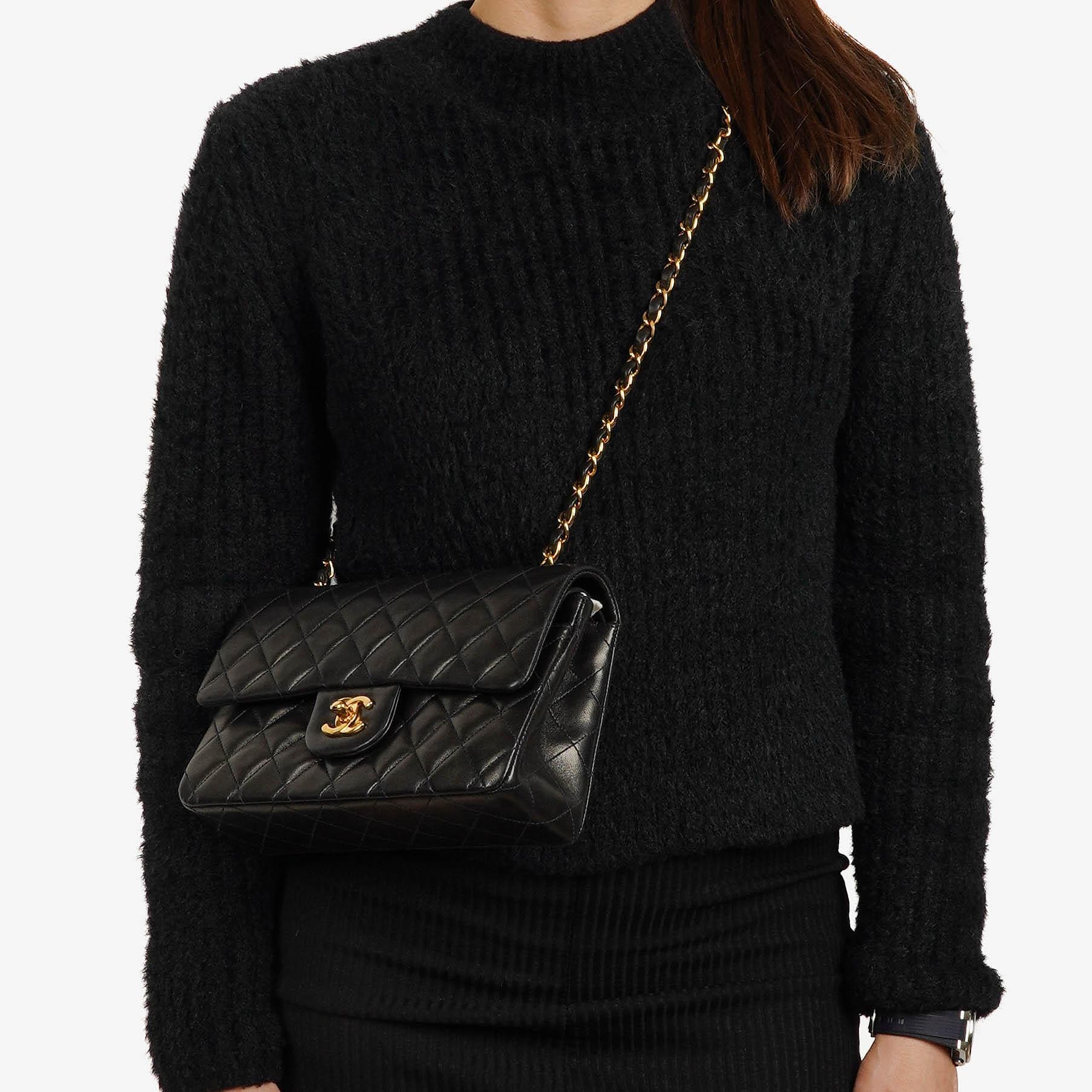 Chanel Classic Vintage Small Double Flap Bag In Black Quilted Lambskin And 24K Gold-Plated Hardware