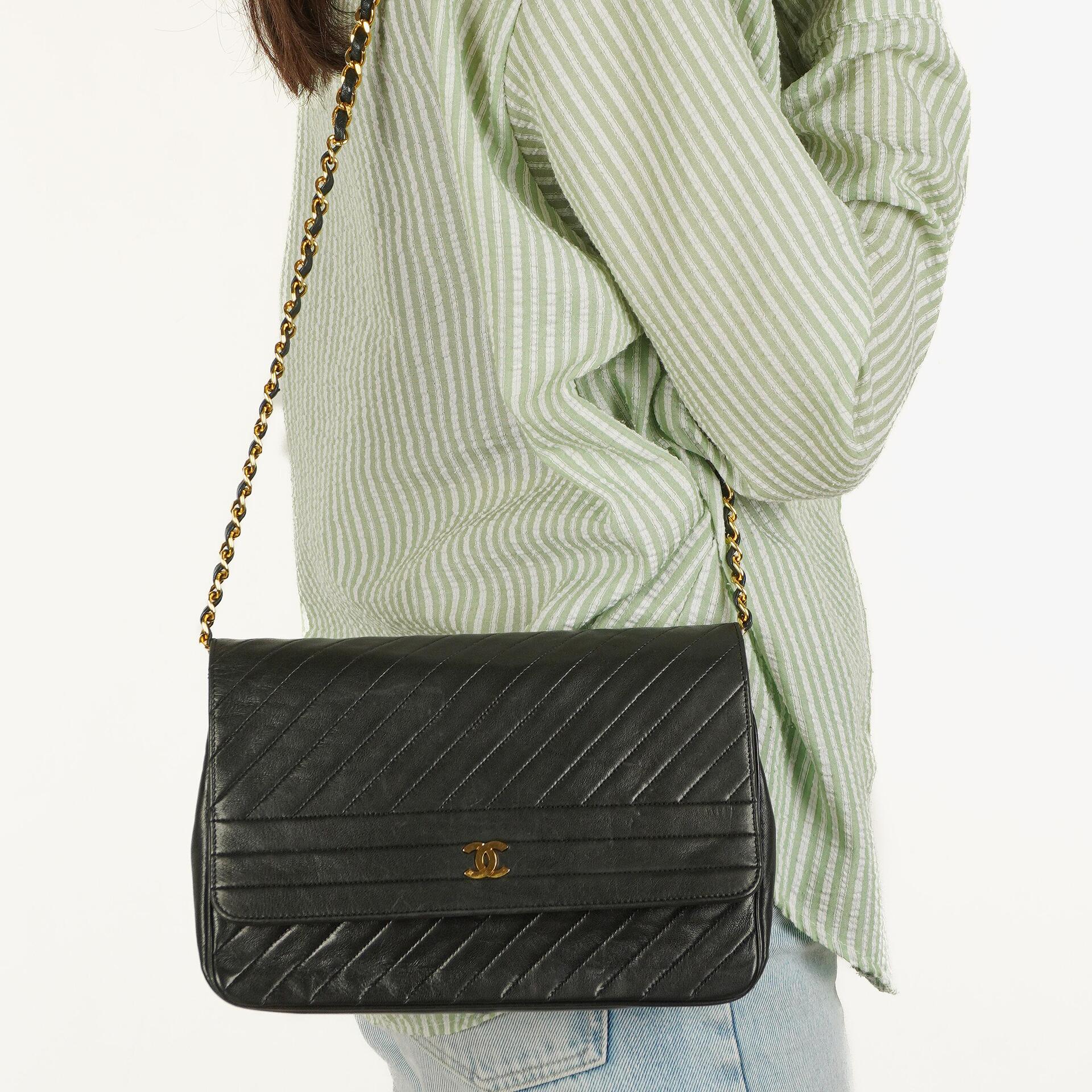 Chanel Diagonal Medium Classic Black Quilted Lambskin Single Flap Bag With 24K Gold-Plated Hardware