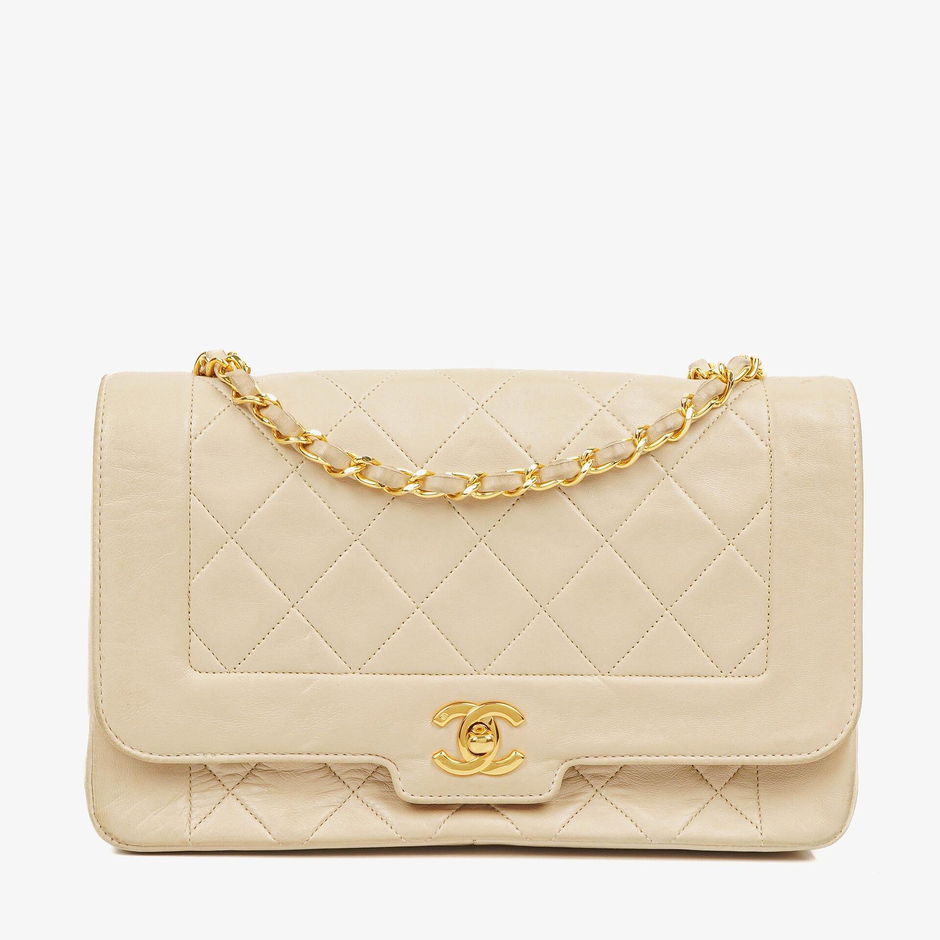 Chanel Diana Beige Quilted Lambskin Vintage Medium Flap Bag With 24K Gold-Plated Hardware