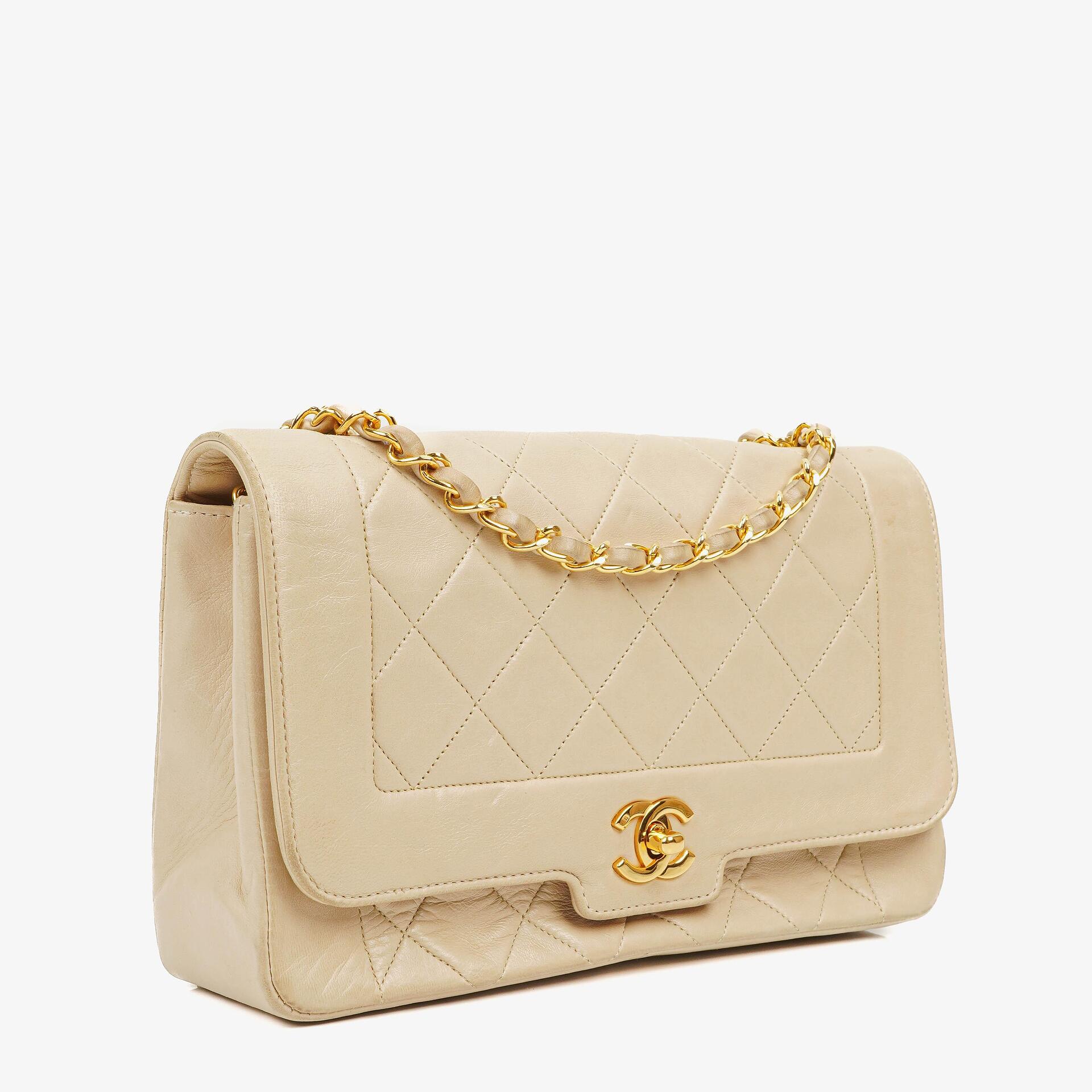 Chanel Diana Beige Quilted Lambskin Vintage Medium Flap Bag With 24K Gold-Plated Hardware