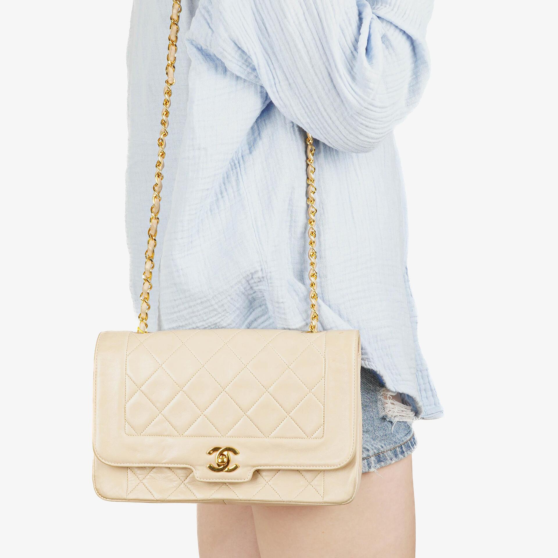 Chanel Diana Beige Quilted Lambskin Vintage Medium Flap Bag With 24K Gold-Plated Hardware