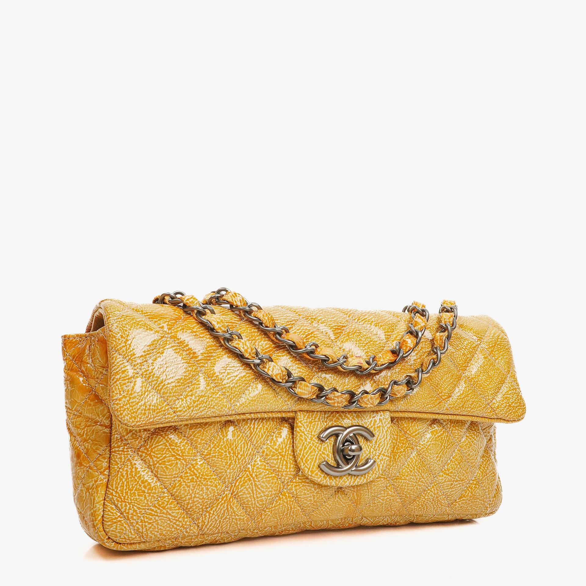 Chanel East West Crinkled Patent Leather Flap Bag
