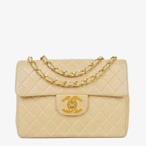 Chanel Jumbo CC Classic Single Flap Bag Beige Quilted Lambskin 24K Gold-Plated Hardware