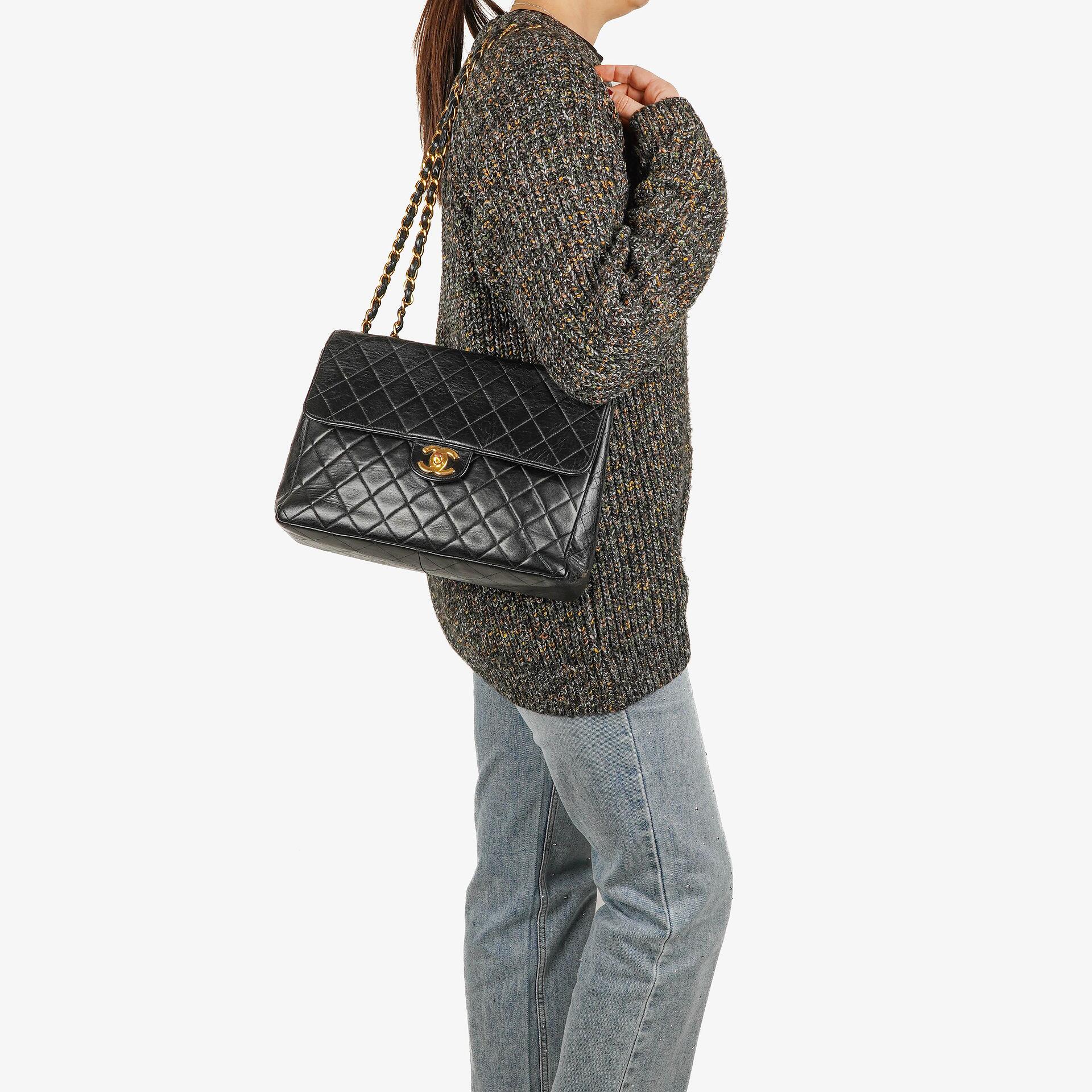 Chanel Jumbo CC Classic Single Flap Bag Black Quilted Lambskin 24K Gold-Plated Hardware