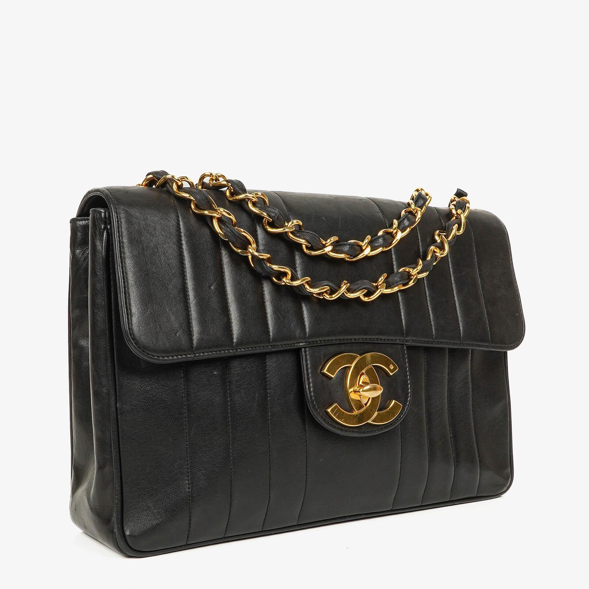 Chanel Jumbo CC Vertical Black Quilted Lamabskin Flap Bag 24K Gold-Plated Hardware