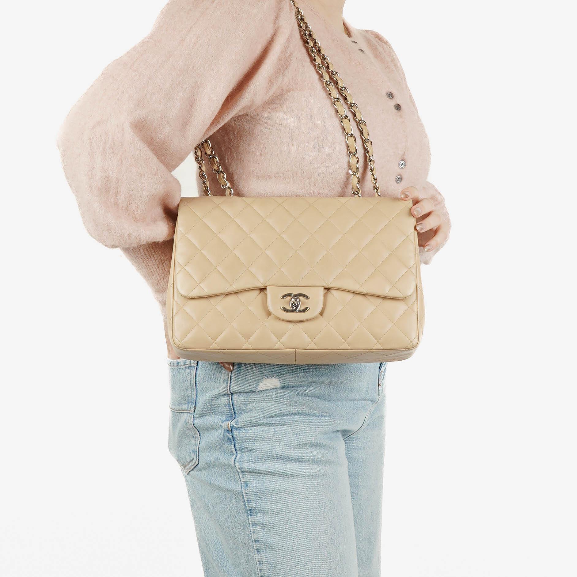 Chanel Jumbo Classic Single Flap Bag Quilted Lambskin Silver -Toned Hardware