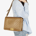 Chanel Large Boy Gold Metalic Quilted Flap Bag With Aged Gold Hardware