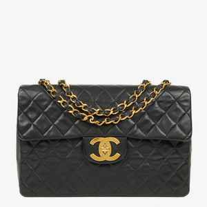 Chanel Maxi Jumbo CC Klassische Einfache Klappentasche Schwarz Gestepptes Lammleder 24K Vergoldete Beschläge