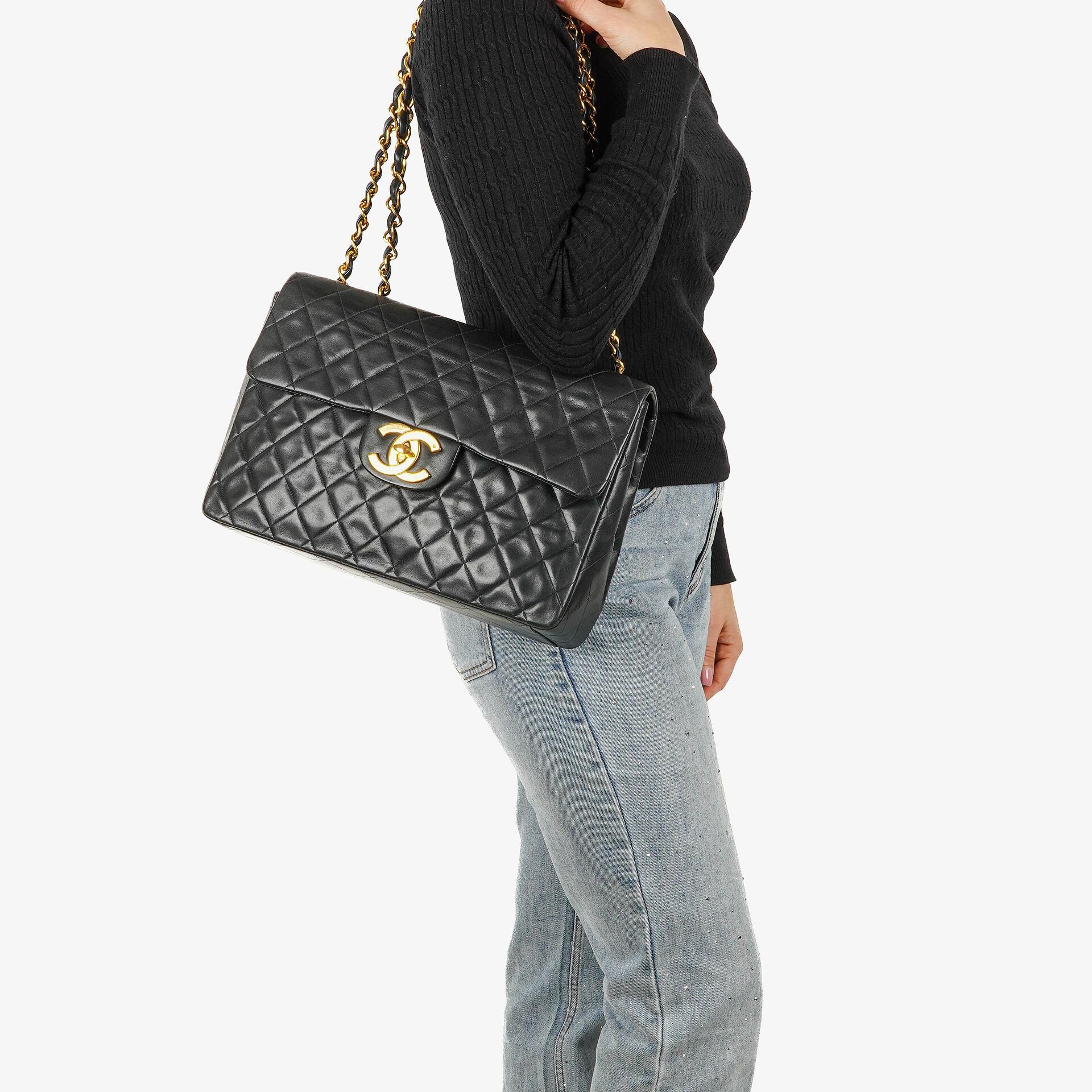 Chanel Maxi Jumbo CC Classic Single Flap Bag Black Quilted Lambskin 24K Gold-Plated Hardware