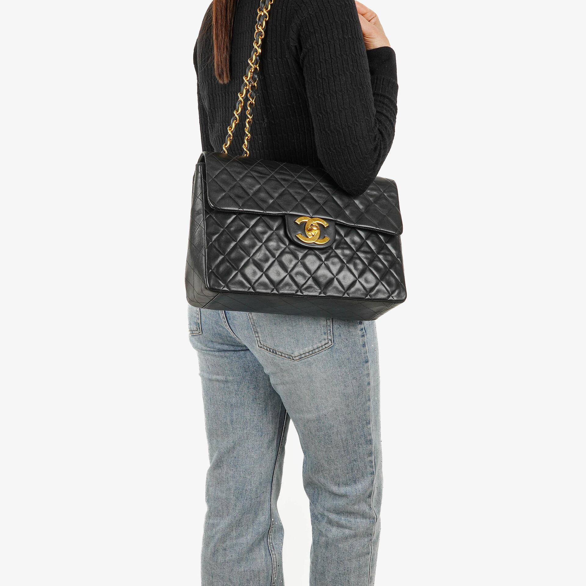 Chanel Maxi Jumbo CC Classic Single Flap Bag Black Quilted Lambskin 24K Gold-Plated Hardware