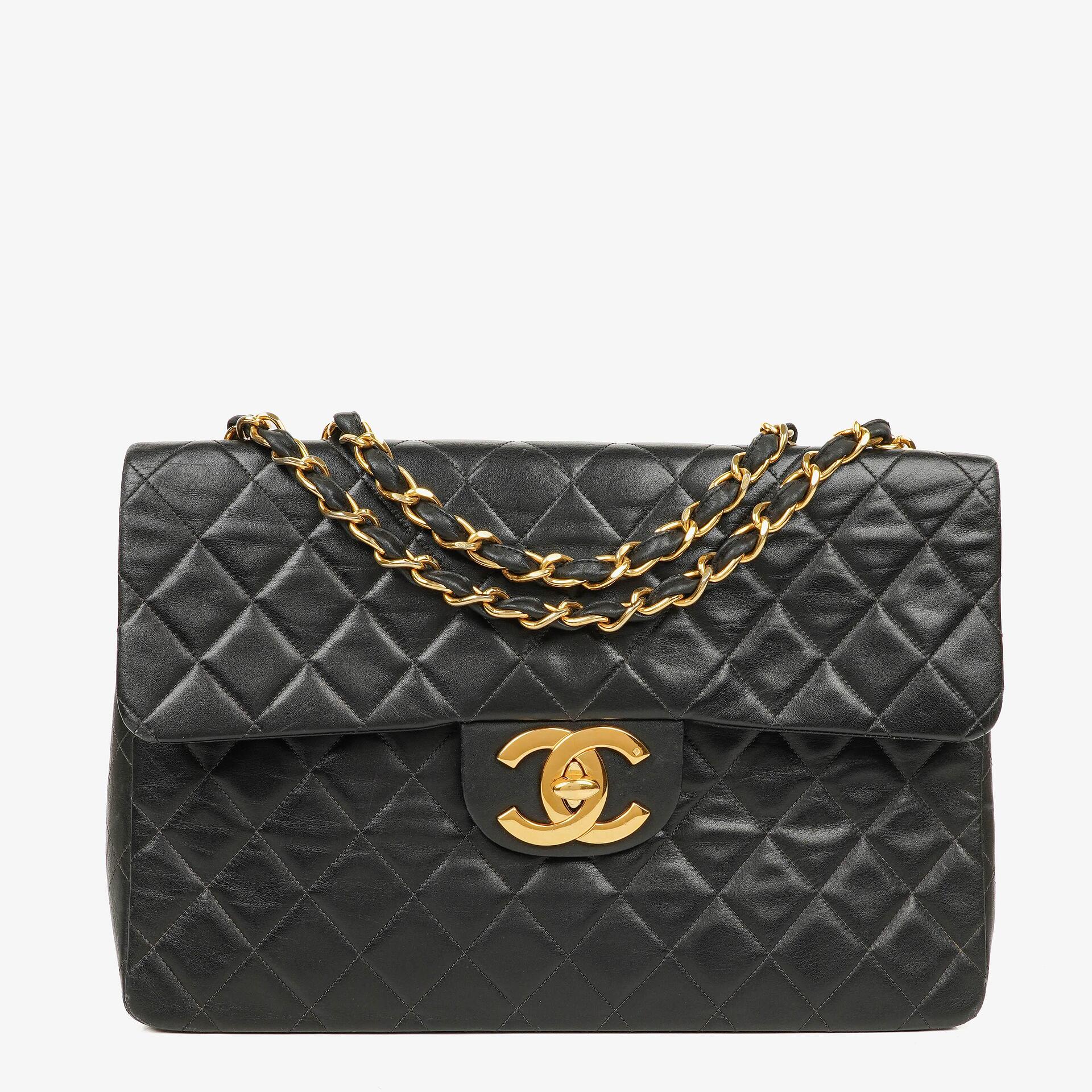 Chanel Maxi Jumbo CC Classic Single Flap Bag Black Quilted Lambskin 24K Gold-Plated Hardware