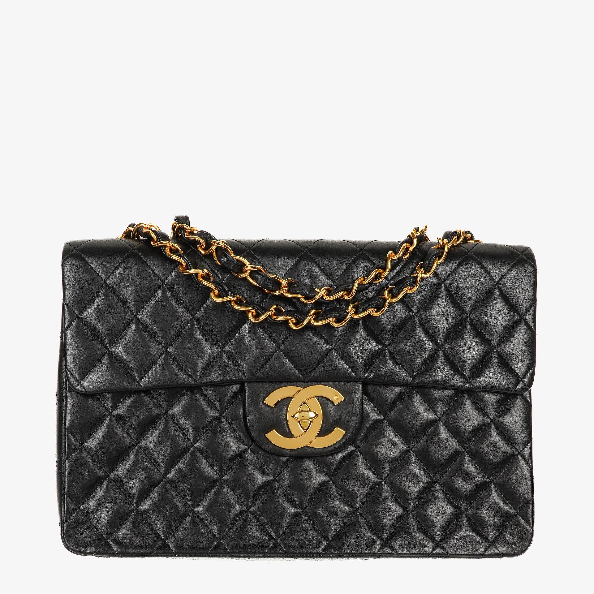 Chanel Maxi Jumbo CC Classic Single Flap Bag Black Quilted Lambskin 24K Gold-Plated Hardware