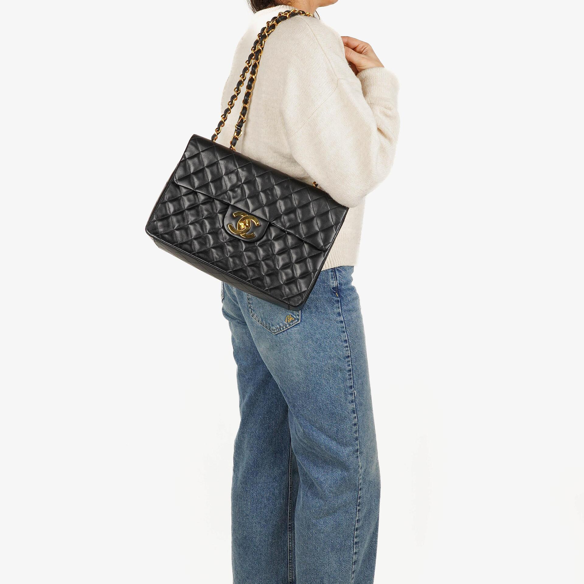 Chanel Maxi Jumbo CC Classic Single Flap Bag Black Quilted Lambskin 24K Gold-Plated Hardware