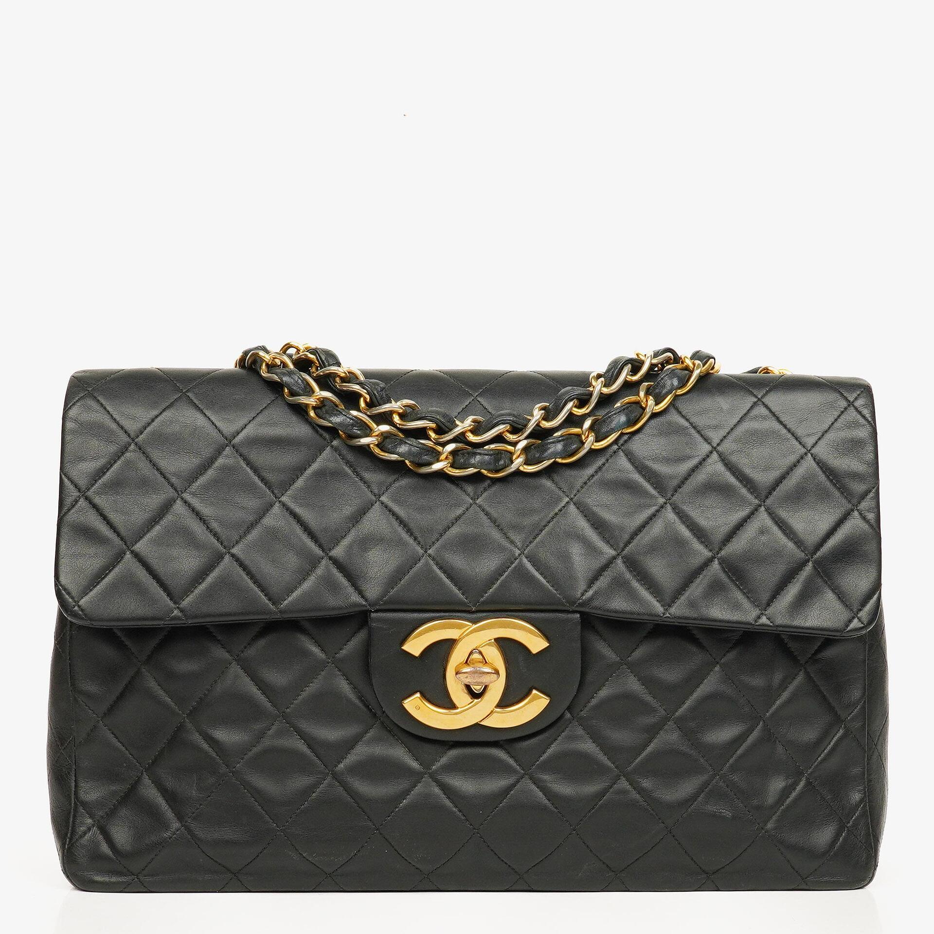 Chanel Maxi Jumbo CC Classic Single Flap Bag Black Quilted Lambskin 24K Gold-Plated Hardware
