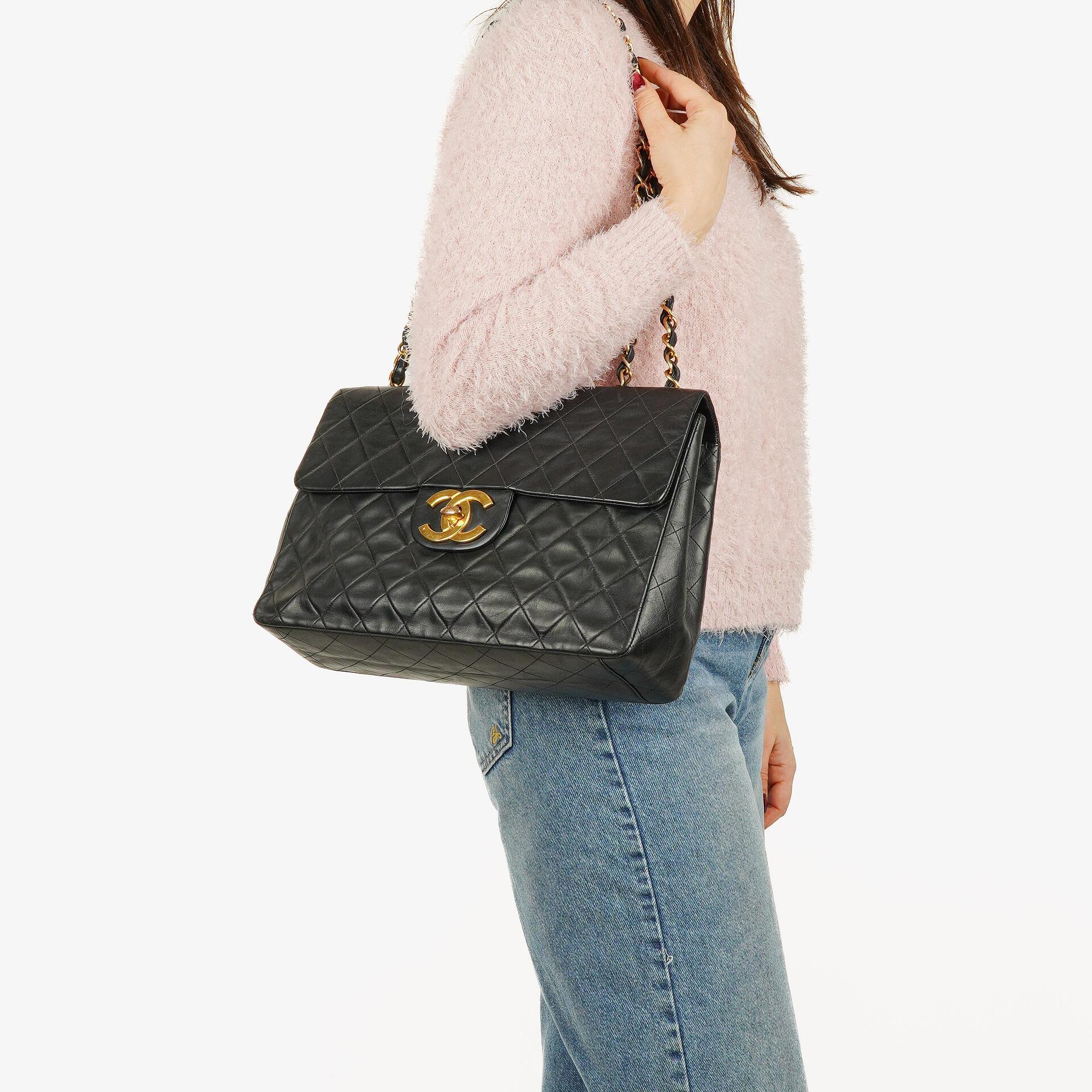 Chanel Maxi Jumbo CC Classic Single Flap Bag Black Quilted Lambskin 24K Gold-Plated Hardware