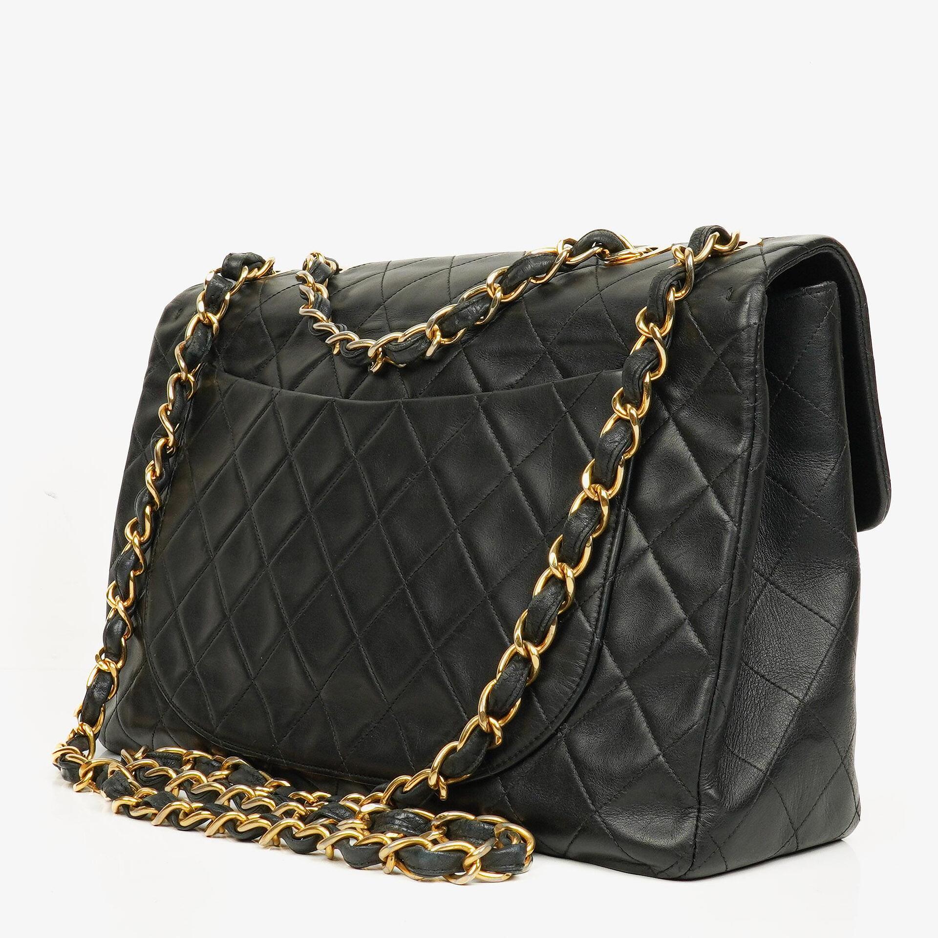 Chanel Maxi Jumbo CC Classic Single Flap Bag Black Quilted Lambskin 24K Gold-Plated Hardware