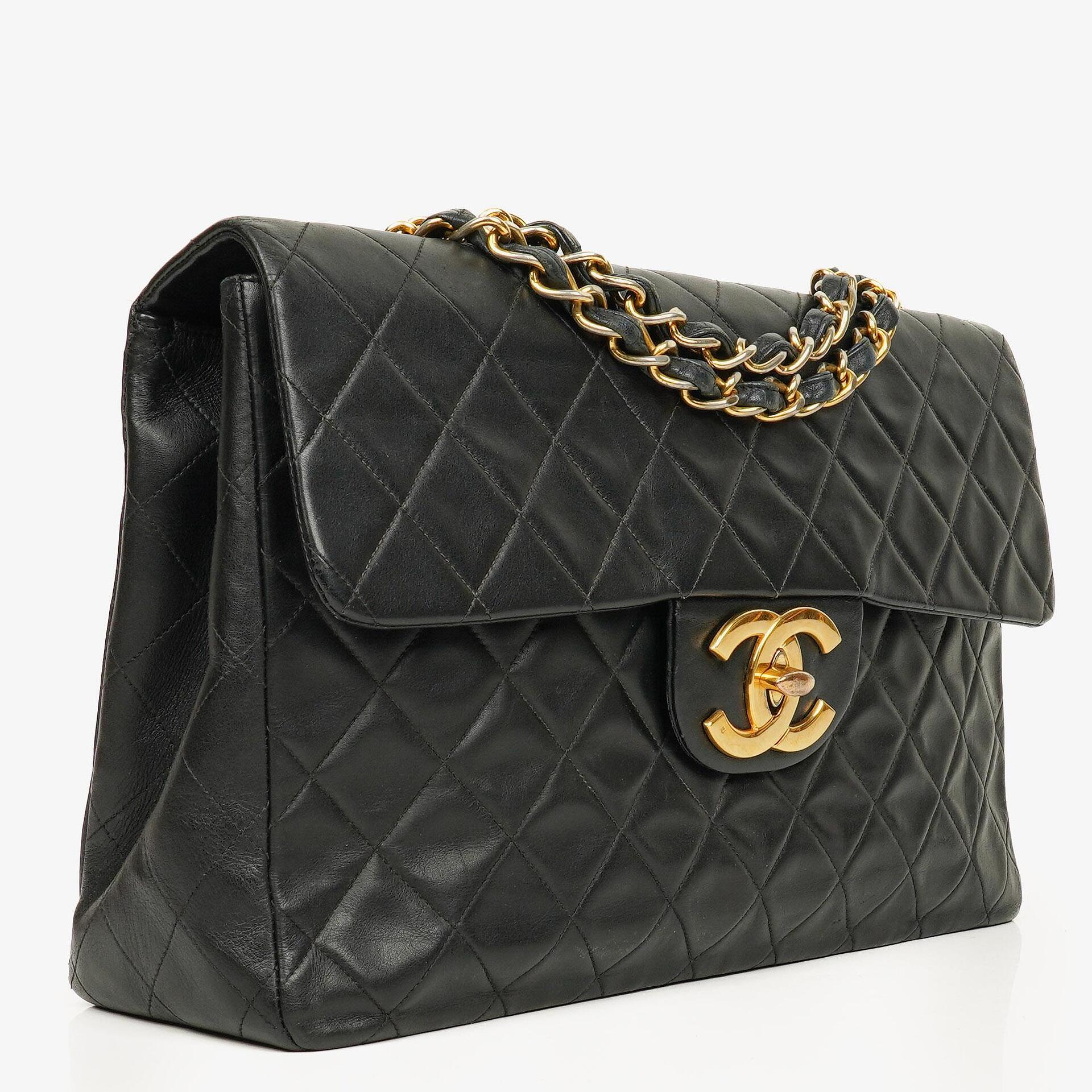 Chanel Maxi Jumbo CC Classic Single Flap Bag Black Quilted Lambskin 24K Gold-Plated Hardware