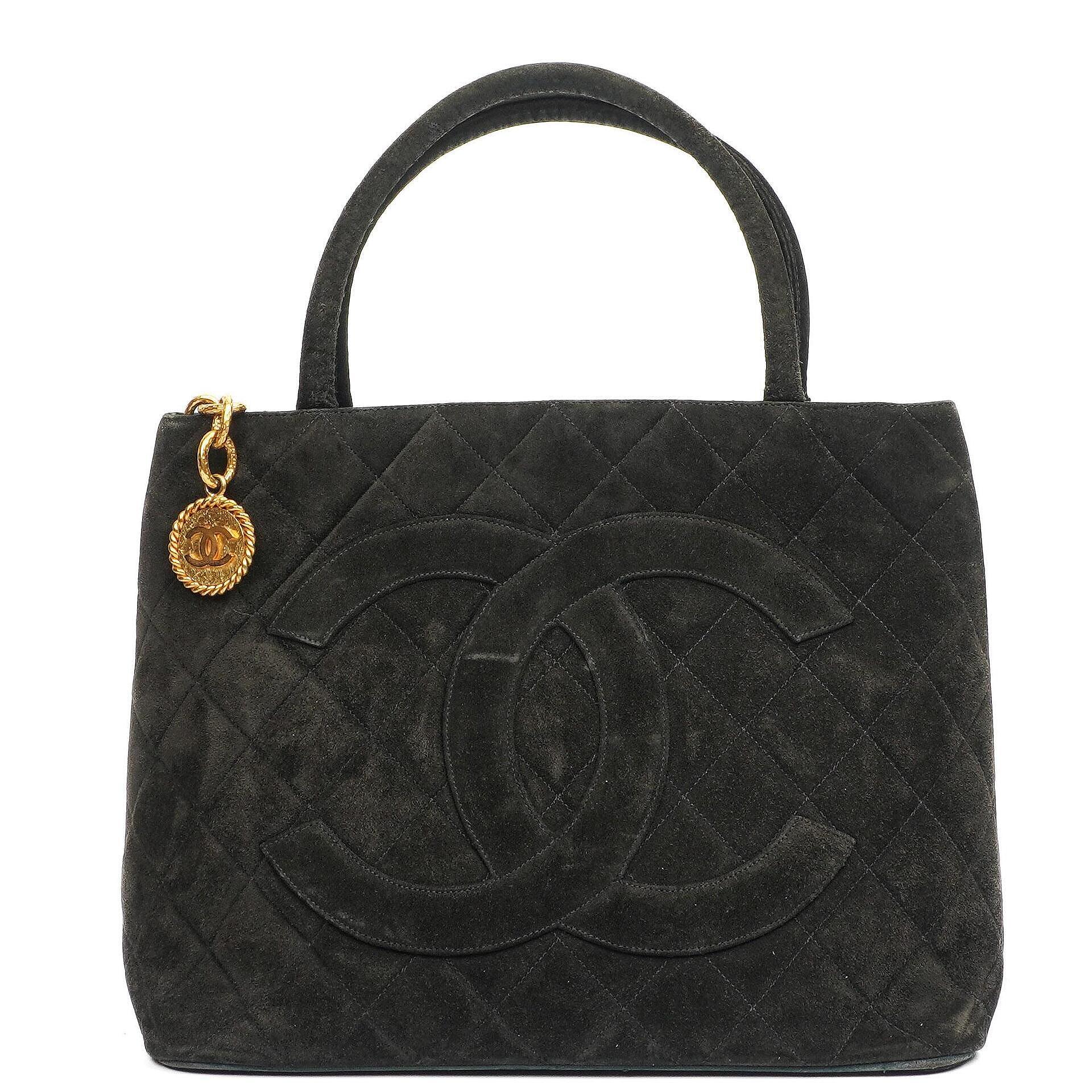 Chanel Medallion Vintage Tote Bag In Black Quilted Suede