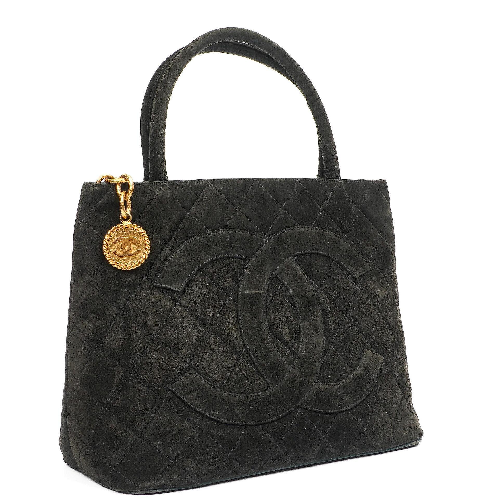 Chanel Medallion Vintage Tote Bag In Black Quilted Suede