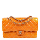 Chanel Medium Clasic Double Flap Orange Patent Quilted Leather With Silver-tone Hardware