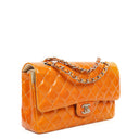 Chanel Medium Clasic Double Flap Orange Patent Quilted Leather With Silver-tone Hardware