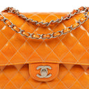 Chanel Medium Clasic Double Flap Orange Patent Quilted Leather With Silver-tone Hardware