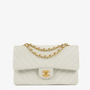 Chanel Medium Classic Double Flap Bag White Chevron Quilted Lambskin 24K Gold-Plated Hardware