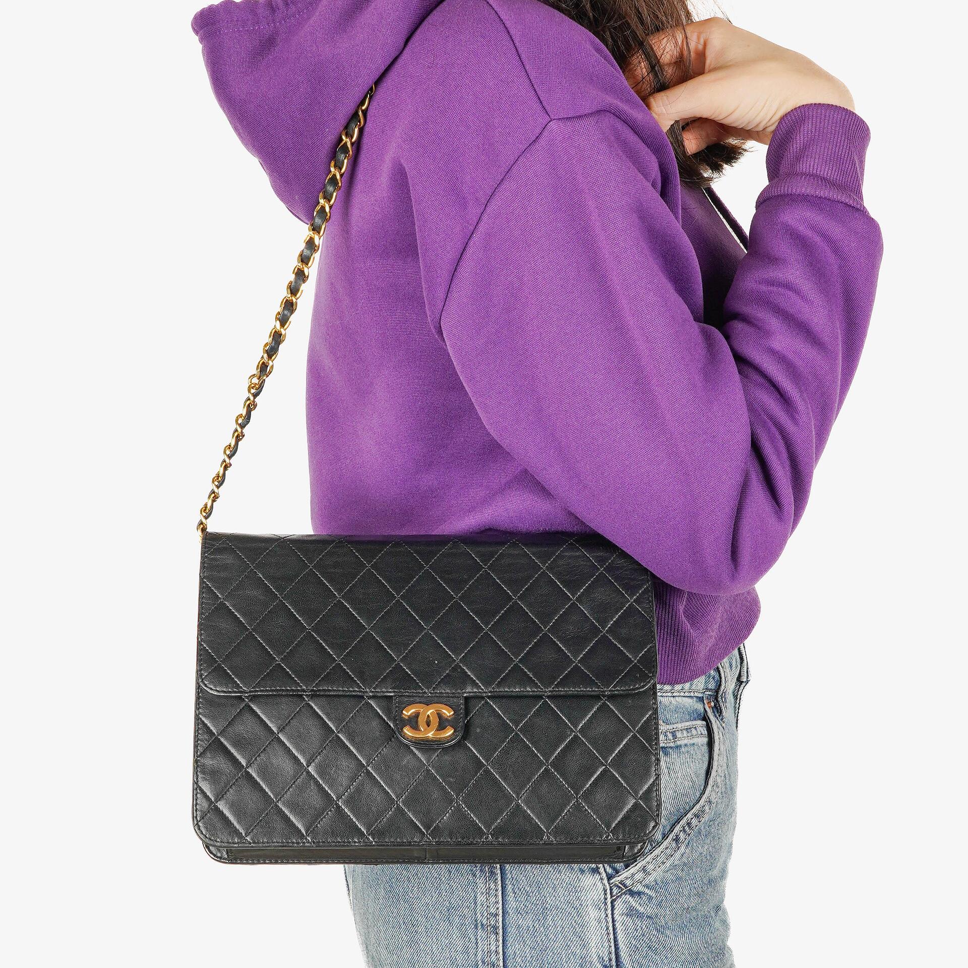 Chanel Medium Classic Single Flap Bag Black Quilted Lambskin With 24K Gold-Plated Hardware