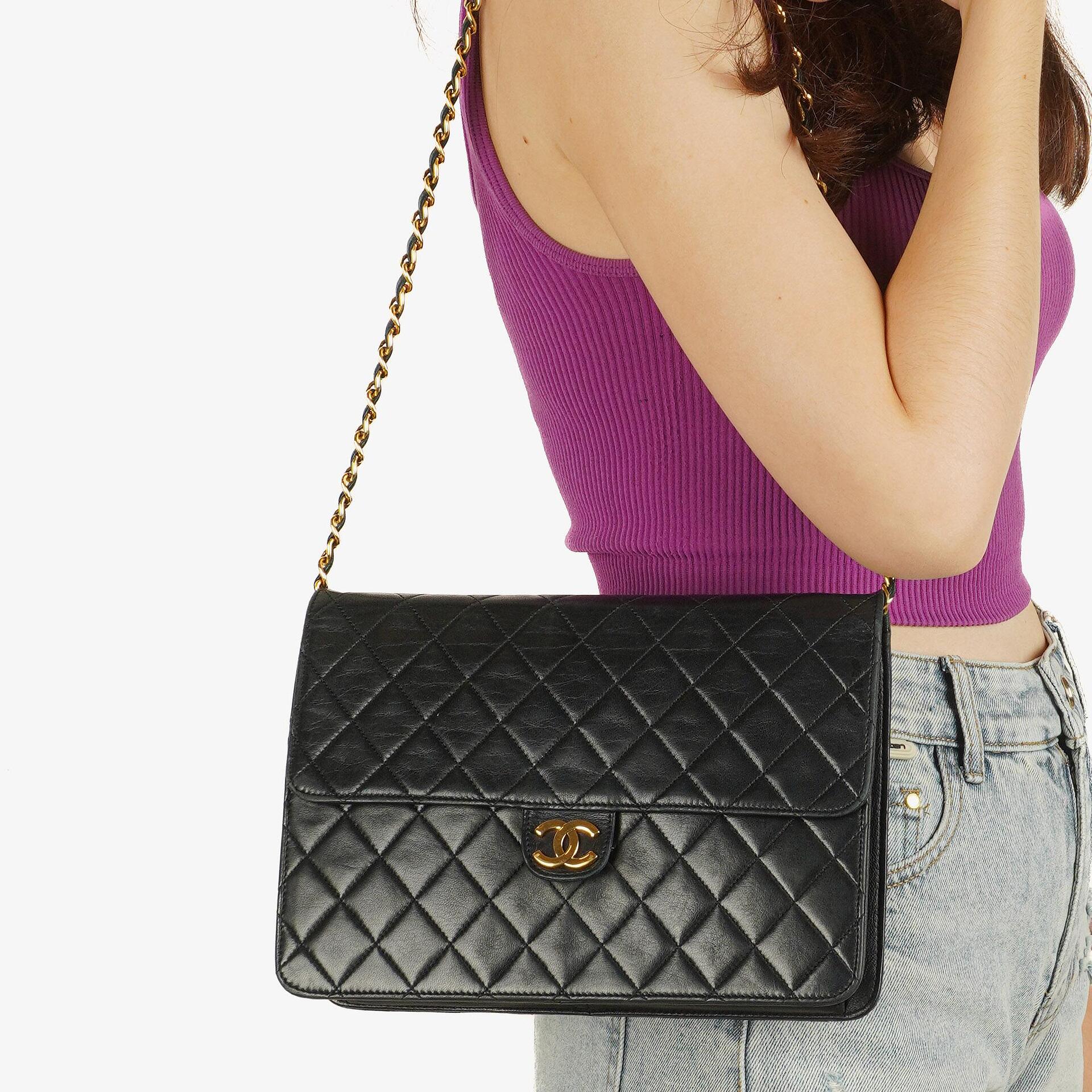 Chanel Medium Classic Single Flap Bag Black Quilted Lambskin With 24K Gold-Plated Hardware