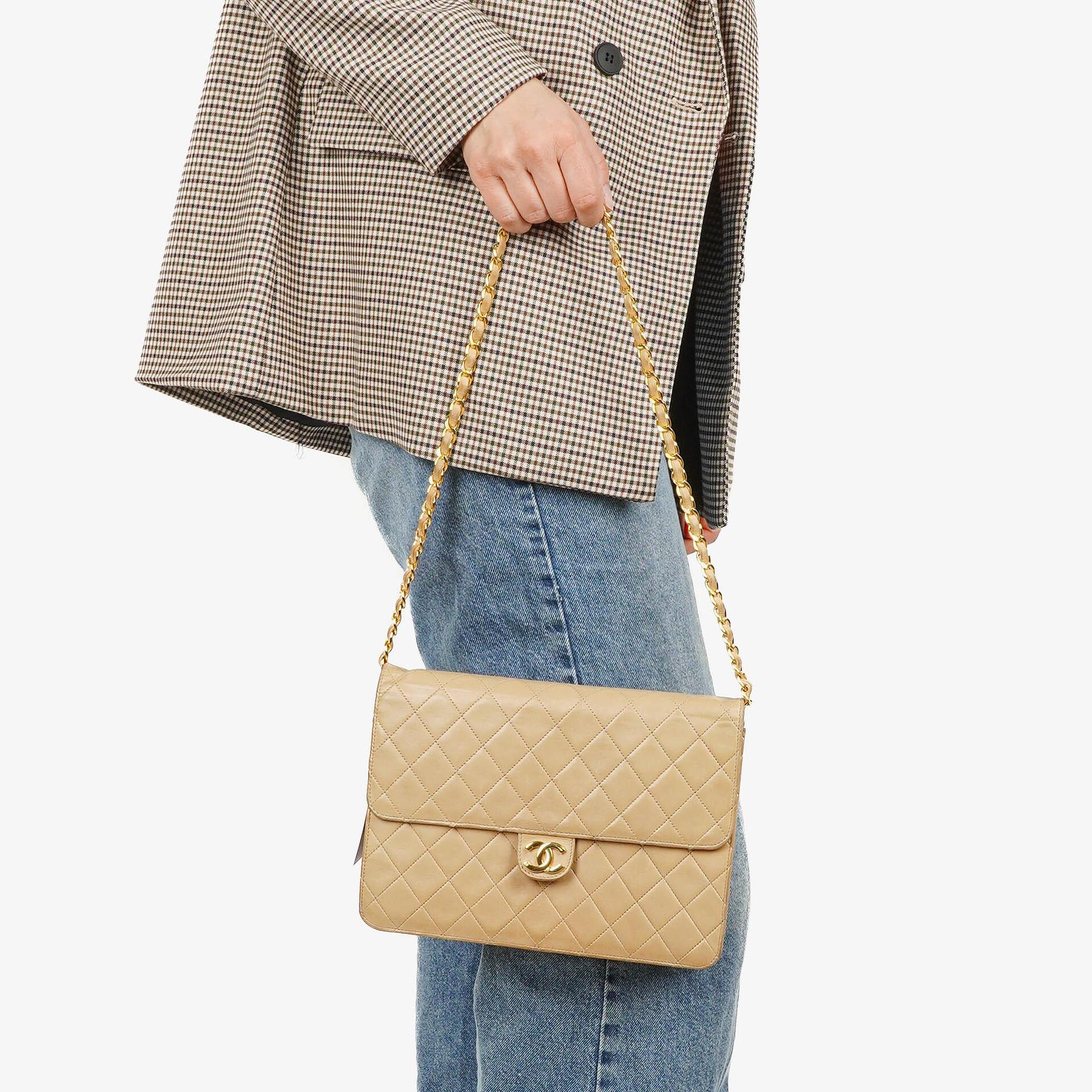 Chanel Medium Classic Single Flap Bag In Beige Quilted Lambskin With 24K Gold-Plated Hardware