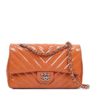 Chanel Medium Classic Single Flap Bag Orange Chevron Quilted Patent Leather Silver-Tone Hardware