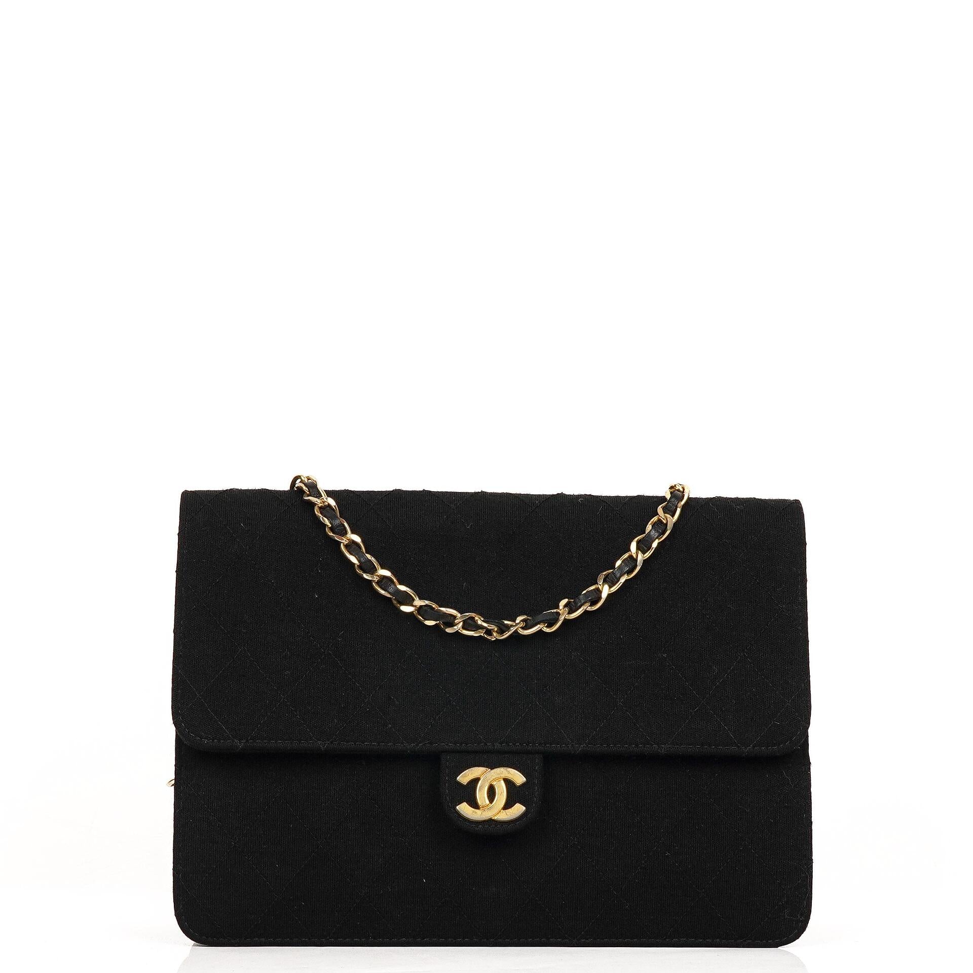 Chanel Medium Classic Vintage Black Quilted Jersey Single Flap Bag With Gold-Tone Hardware