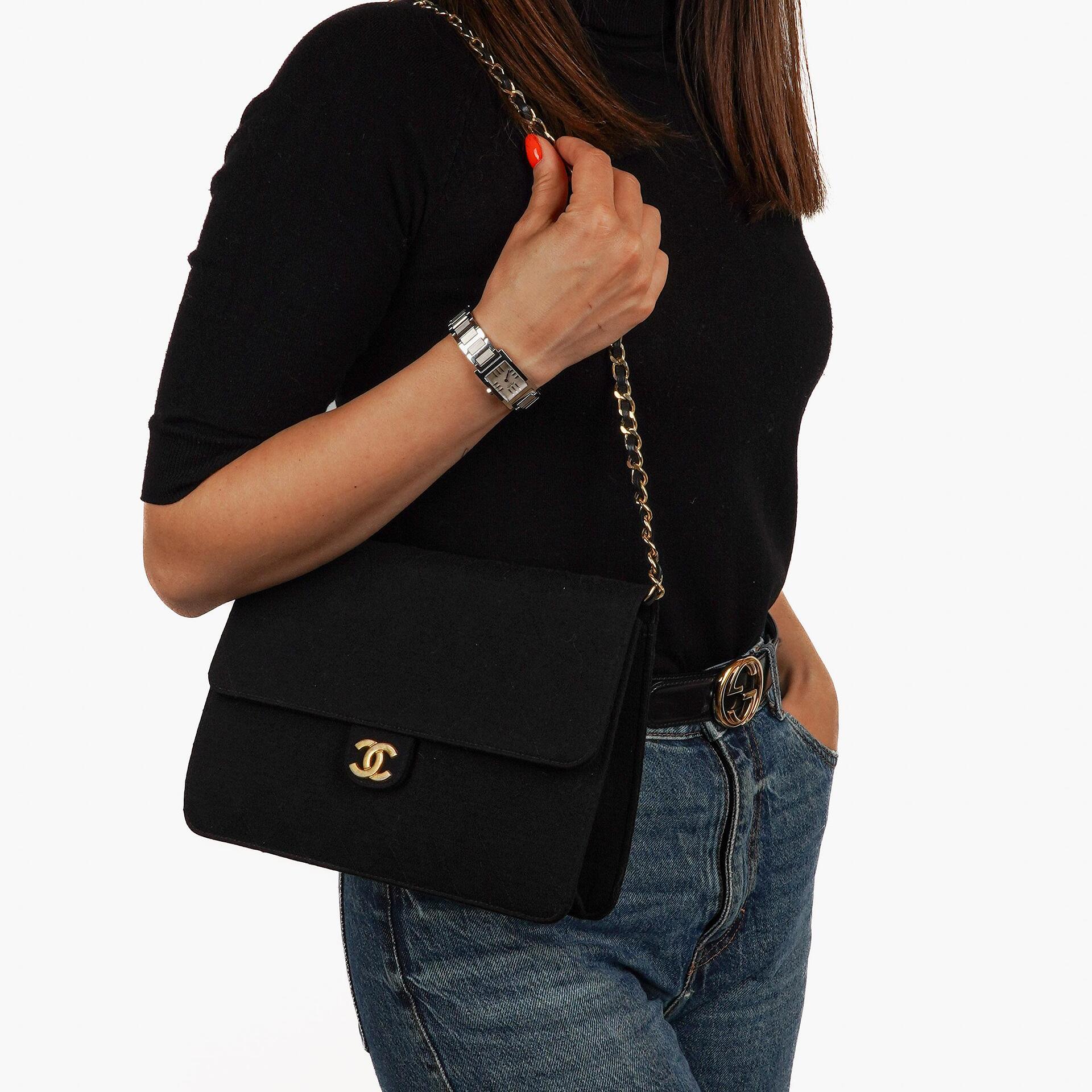 Chanel Medium Classic Vintage Black Quilted Jersey Single Flap Bag With Gold-Tone Hardware