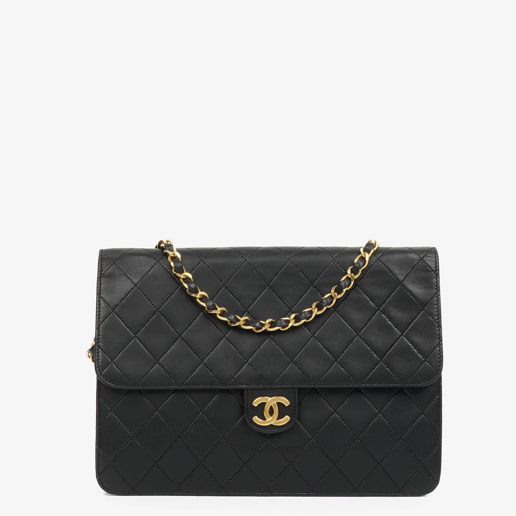 Chanel Medium Classic Vintage Black Quilted Lambskin Single Flap Bag With 24K Gold-Plated Hardware