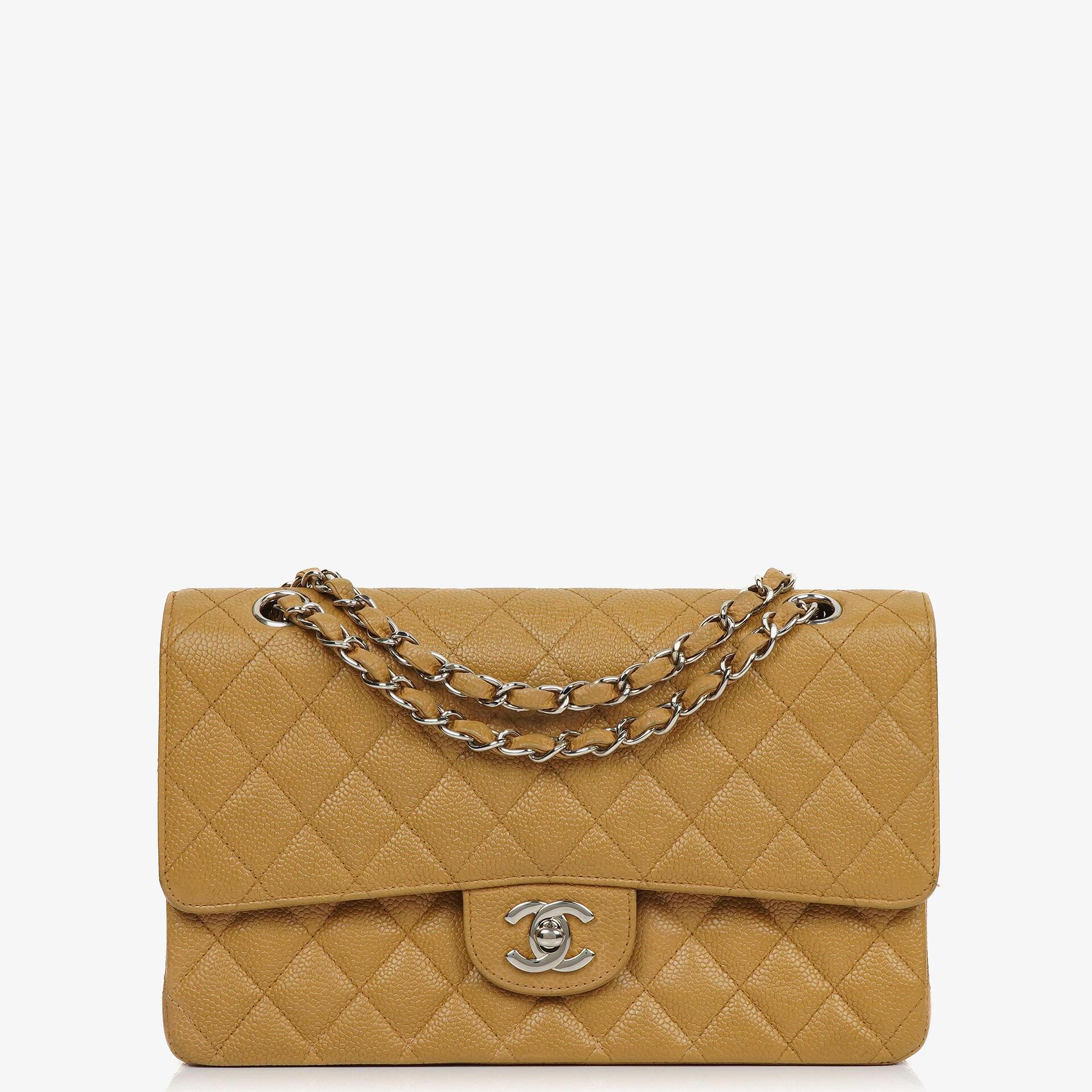 Chanel Medium Classic Vintage Double Flap Bag Beige Quilted Caviar Leather With Silver-Tone Hardware