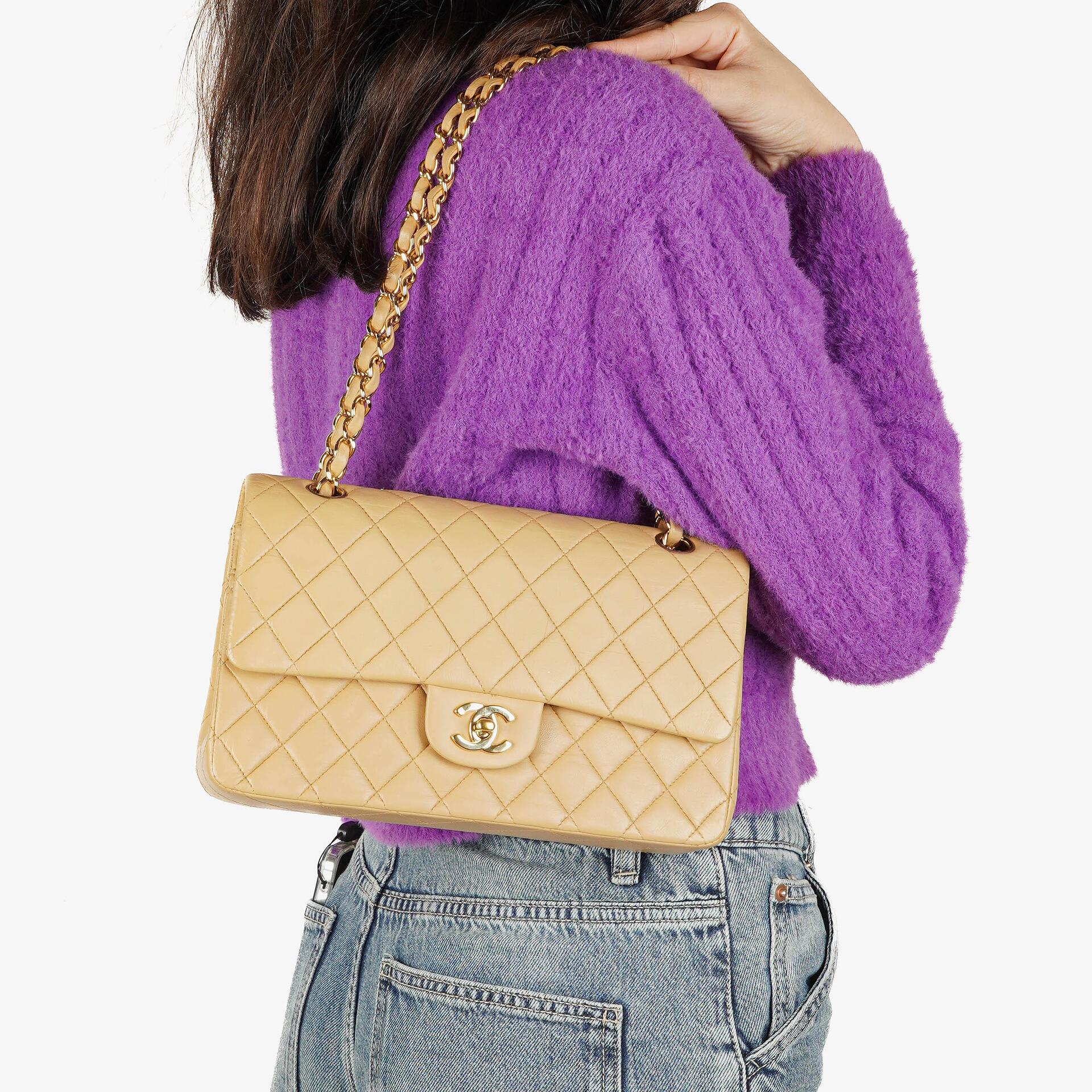 Chanel Medium Classic Vintage Double Flap Bag Beige Quilted Lambskin 24K Gold-Plated Hardware