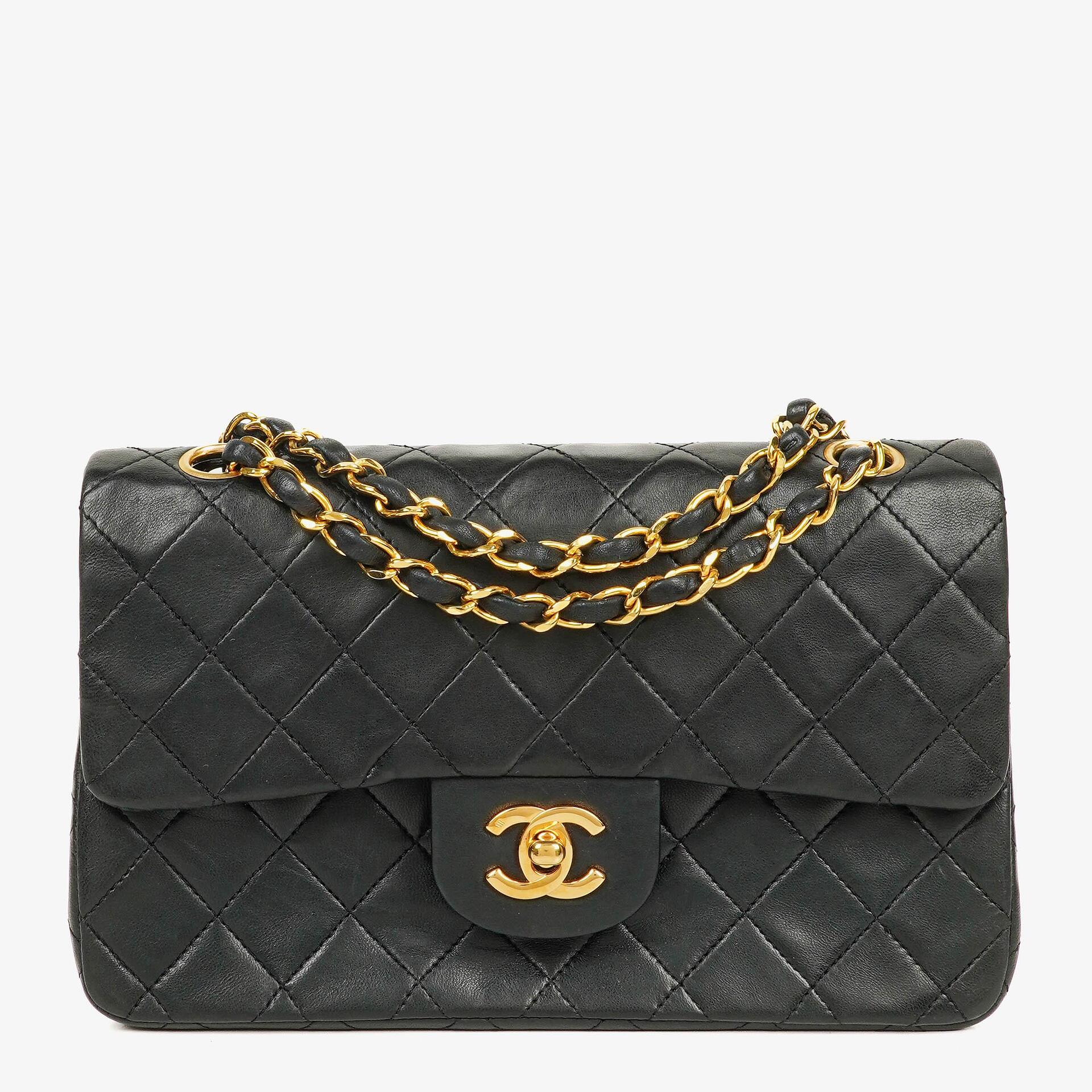 Chanel Small Classic Vintage Double Flap Bag Black Quilted Lambskin 24K Gold-Plated Hardware