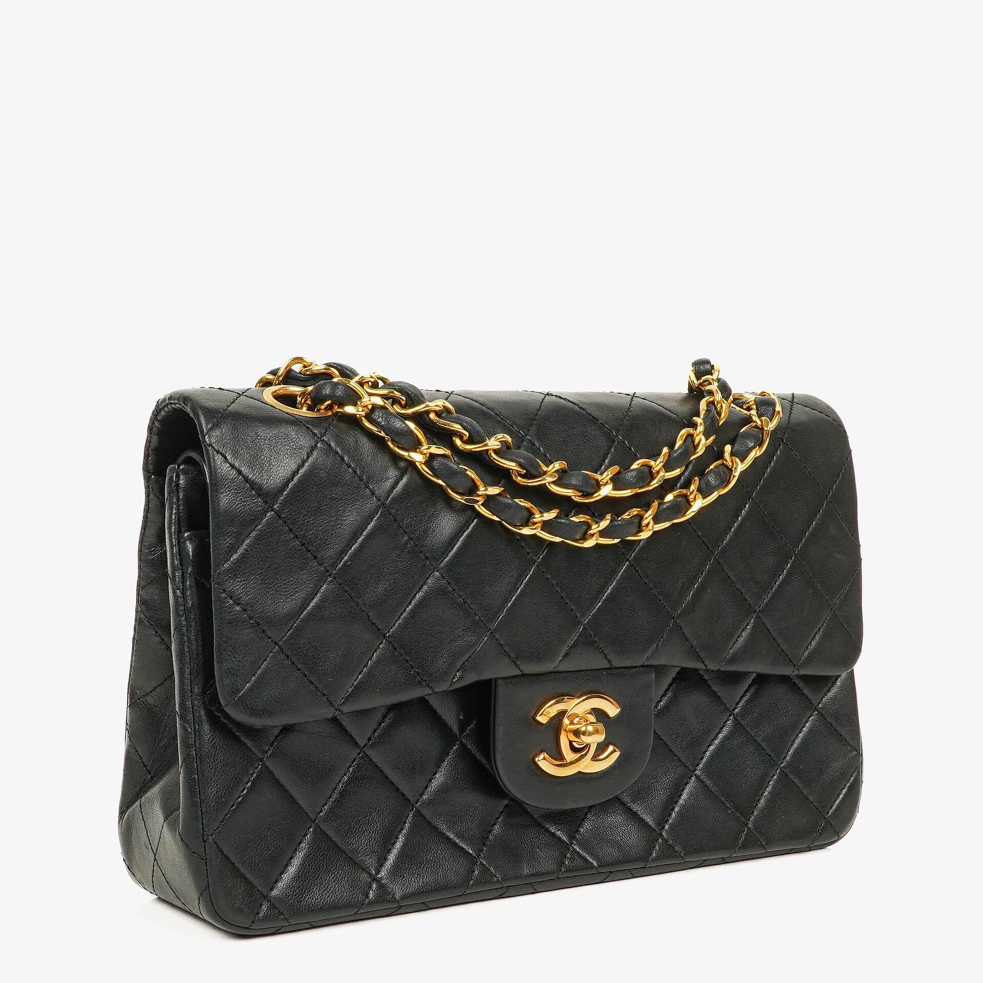 Chanel Small Classic Vintage Double Flap Bag Black Quilted Lambskin 24K Gold-Plated Hardware