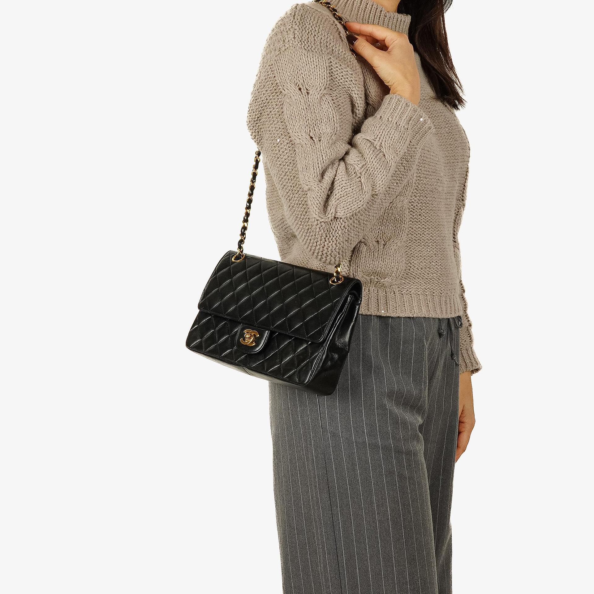 Chanel Medium Classic Vintage Double Flap Bag Black Quilted Lambskin 24K Gold-Plated Hardware