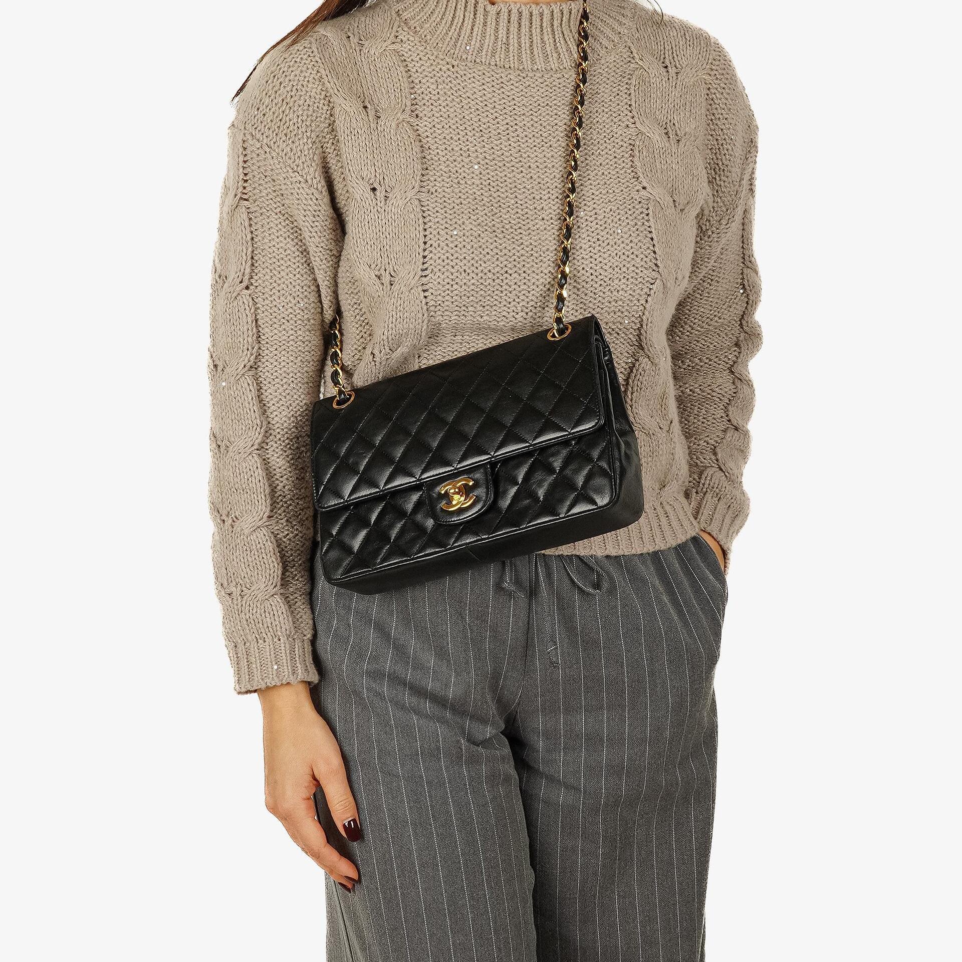 Chanel Medium Classic Vintage Double Flap Bag Black Quilted Lambskin 24K Gold-Plated Hardware