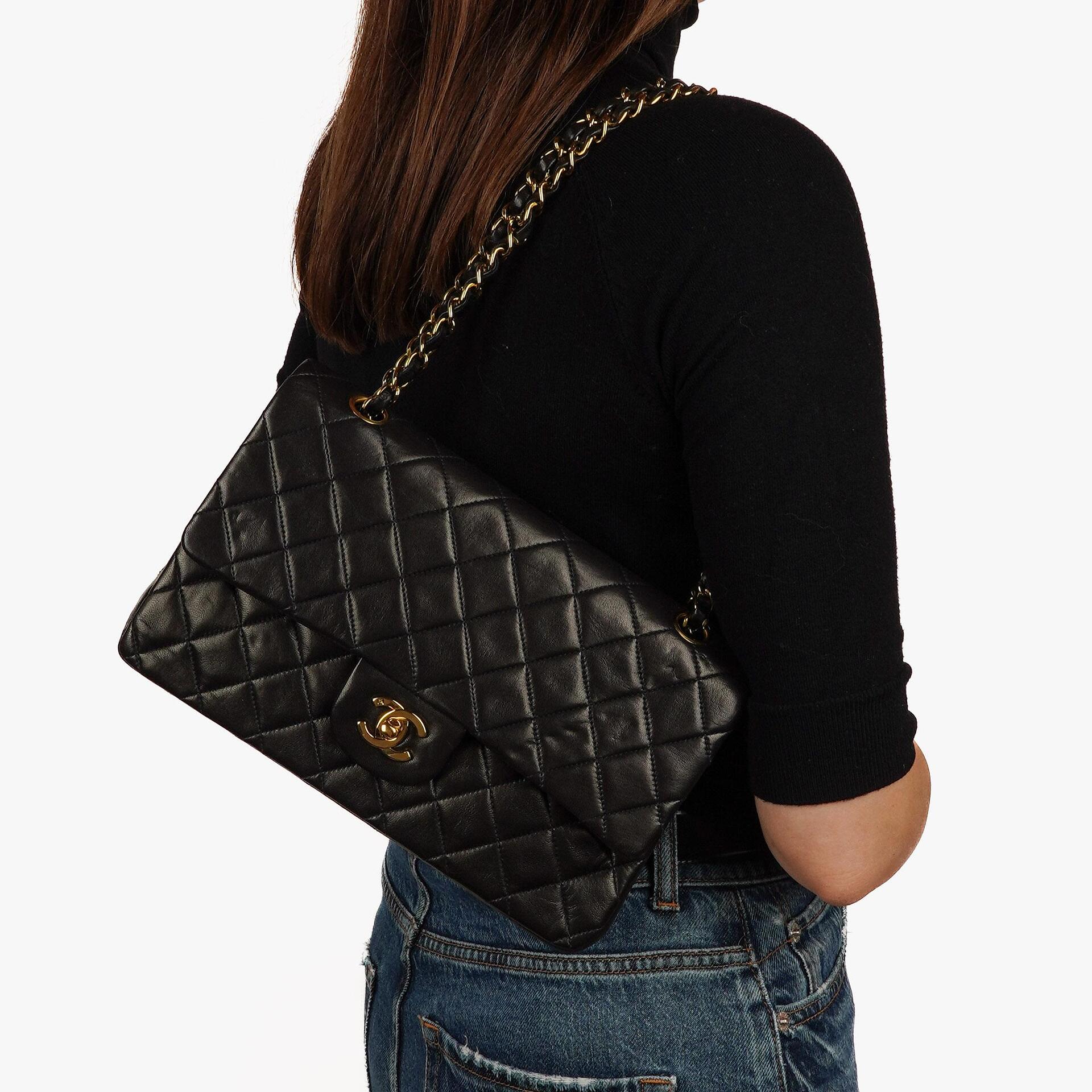 Chanel Medium Classic Vintage Double Flap Bag Black Quilted Lambskin With 24K Gold-Plated Hardware