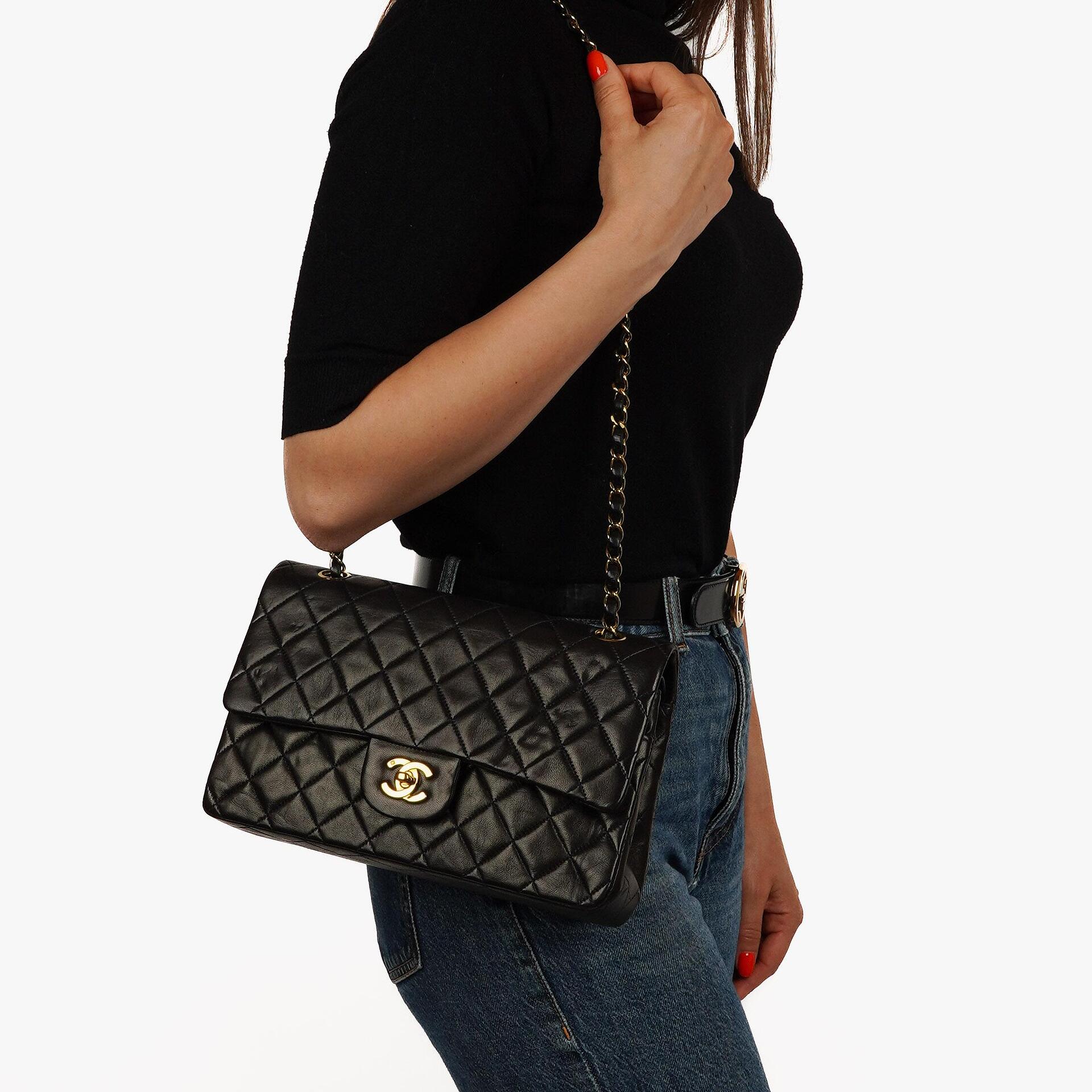 Chanel Medium Classic Vintage Double Flap Bag Black Quilted Lambskin With 24K Gold-Plated Hardware
