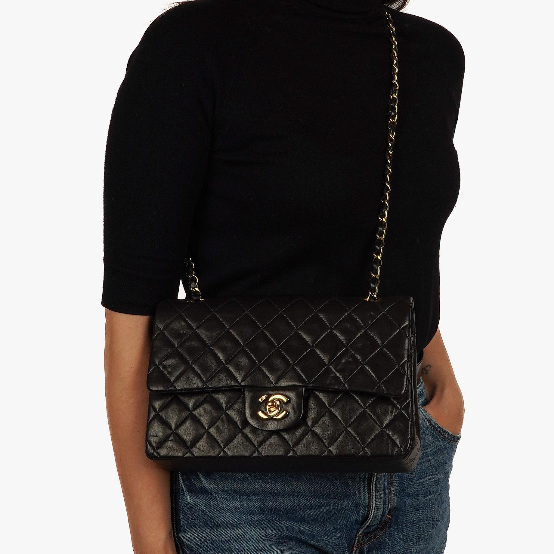 Chanel Medium Classic Vintage Double Flap Bag Black Quilted Lambskin With 24K Gold-Plated Hardware