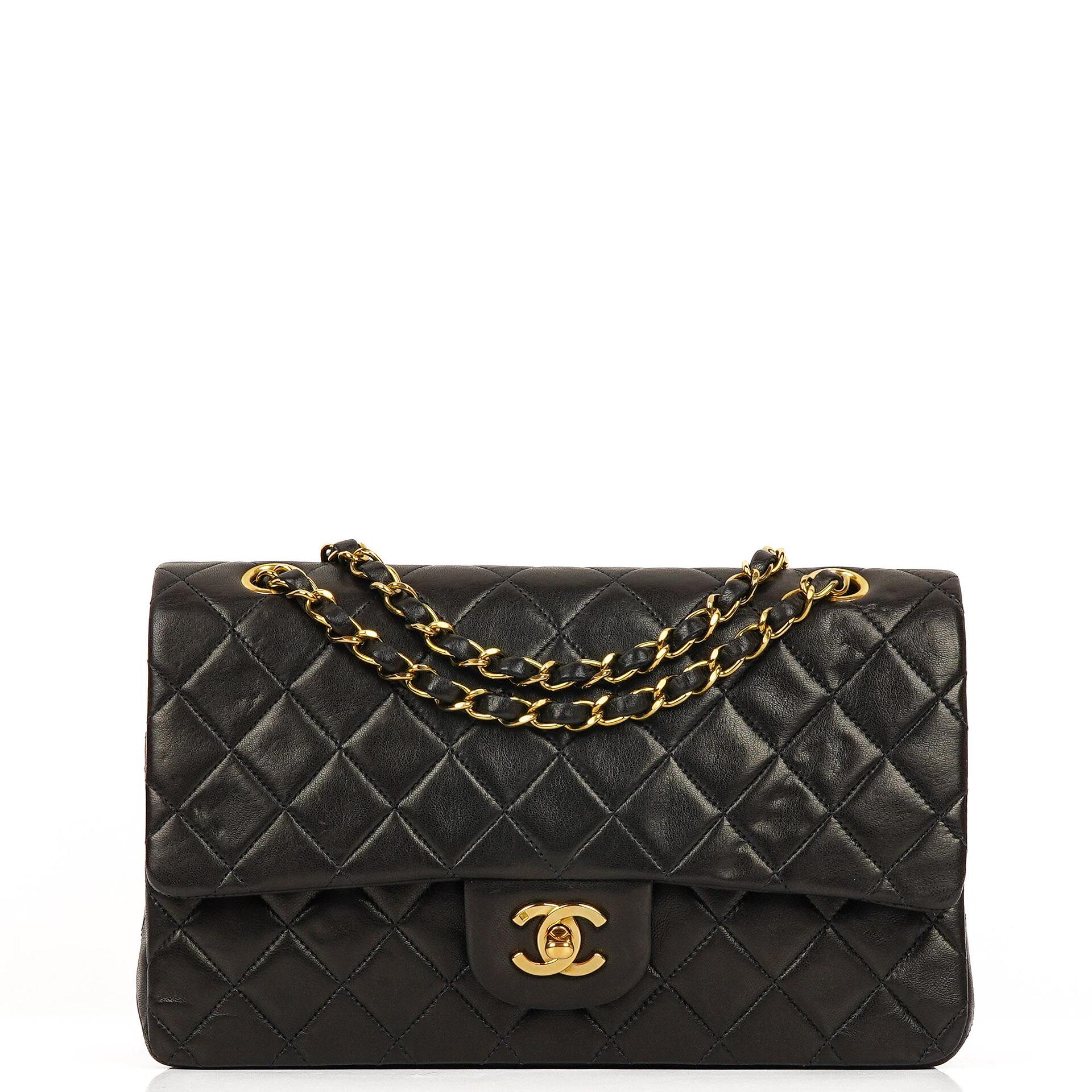 Chanel Medium Classic Vintage Double Flap Bag Black Quilted Lambskin With 24K Gold-Plated Hardware