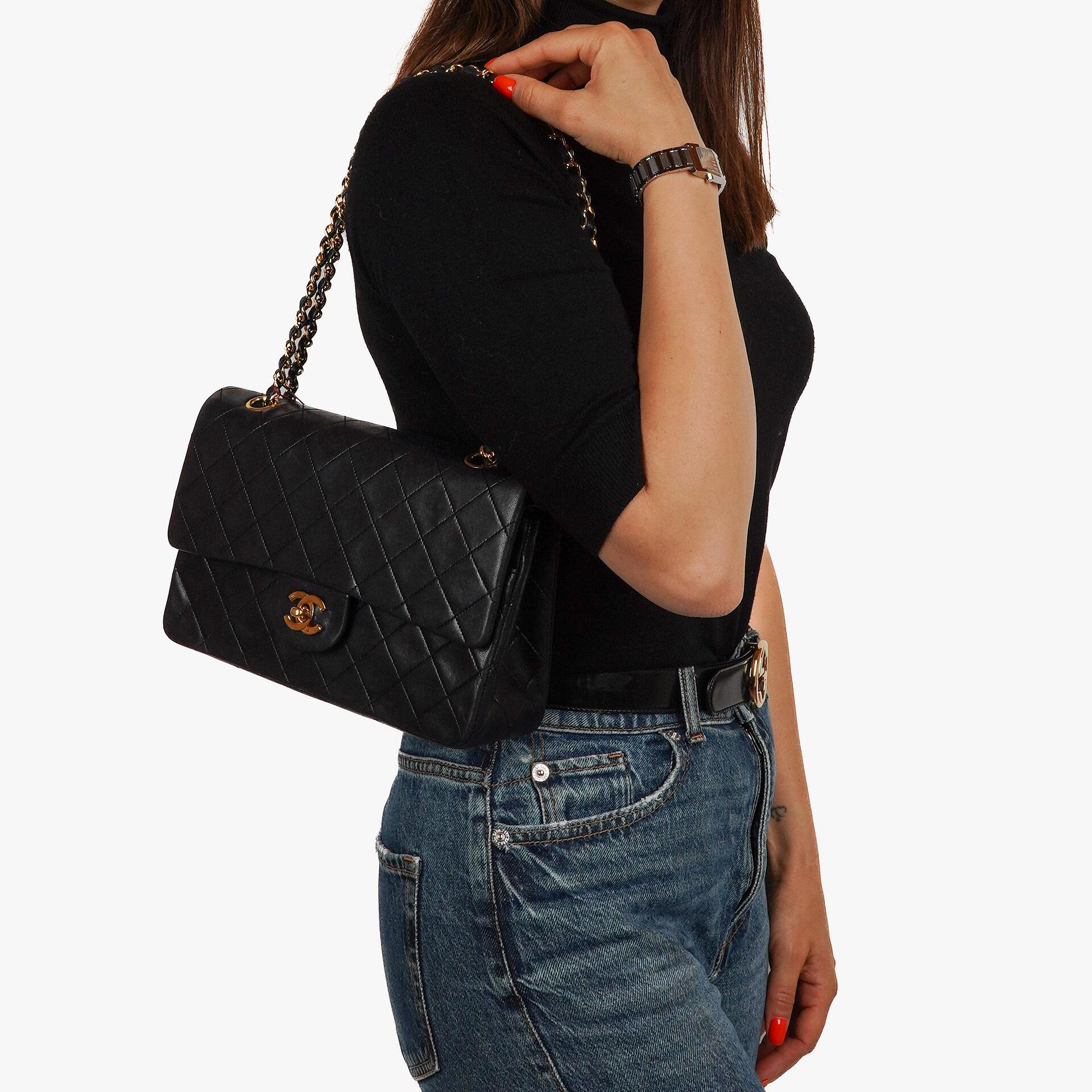 Chanel Medium Classic Vintage Double Flap Bag Black Quilted Lambskin With 24K Gold-Plated Hardware