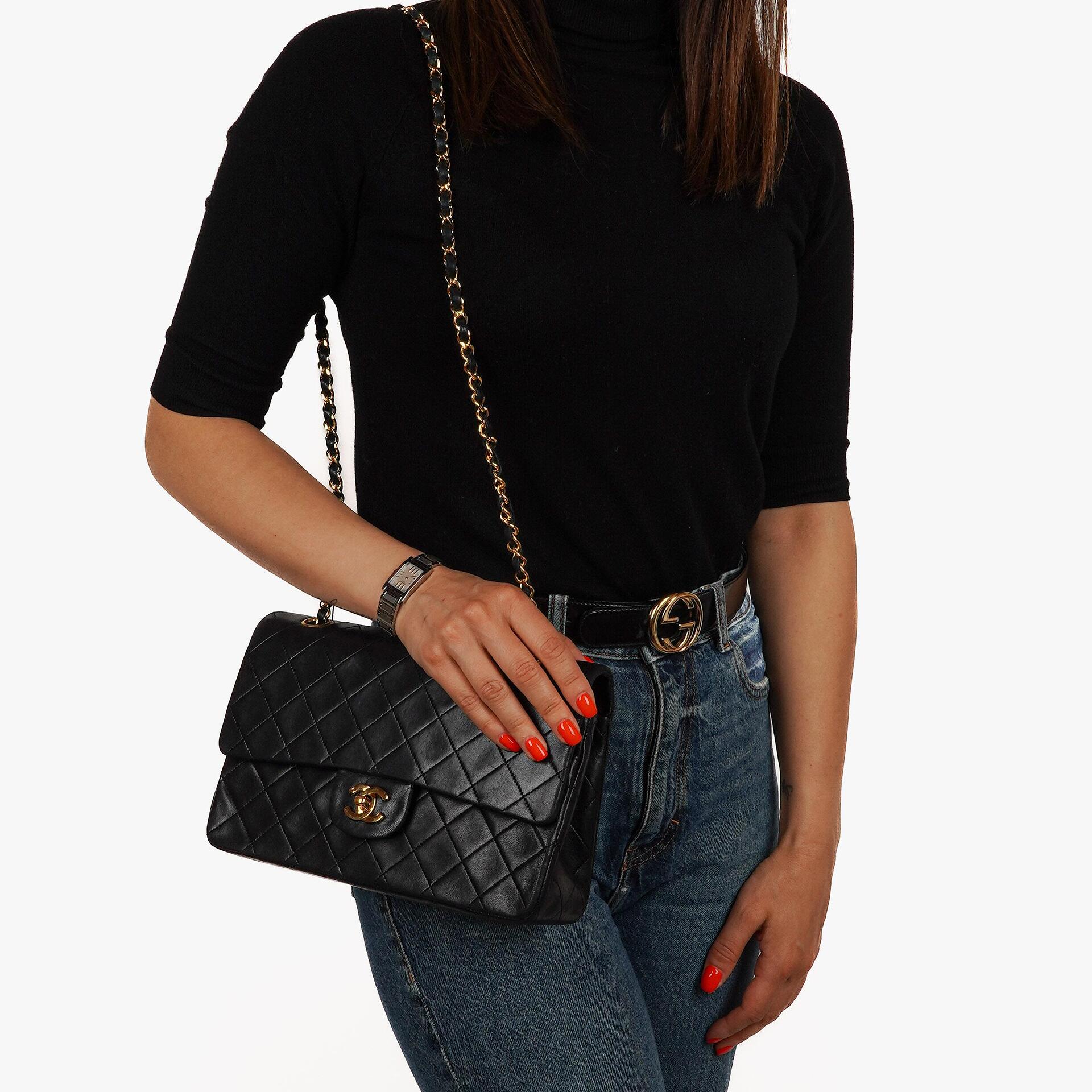 Chanel Medium Classic Vintage Double Flap Bag Black Quilted Lambskin With 24K Gold-Plated Hardware