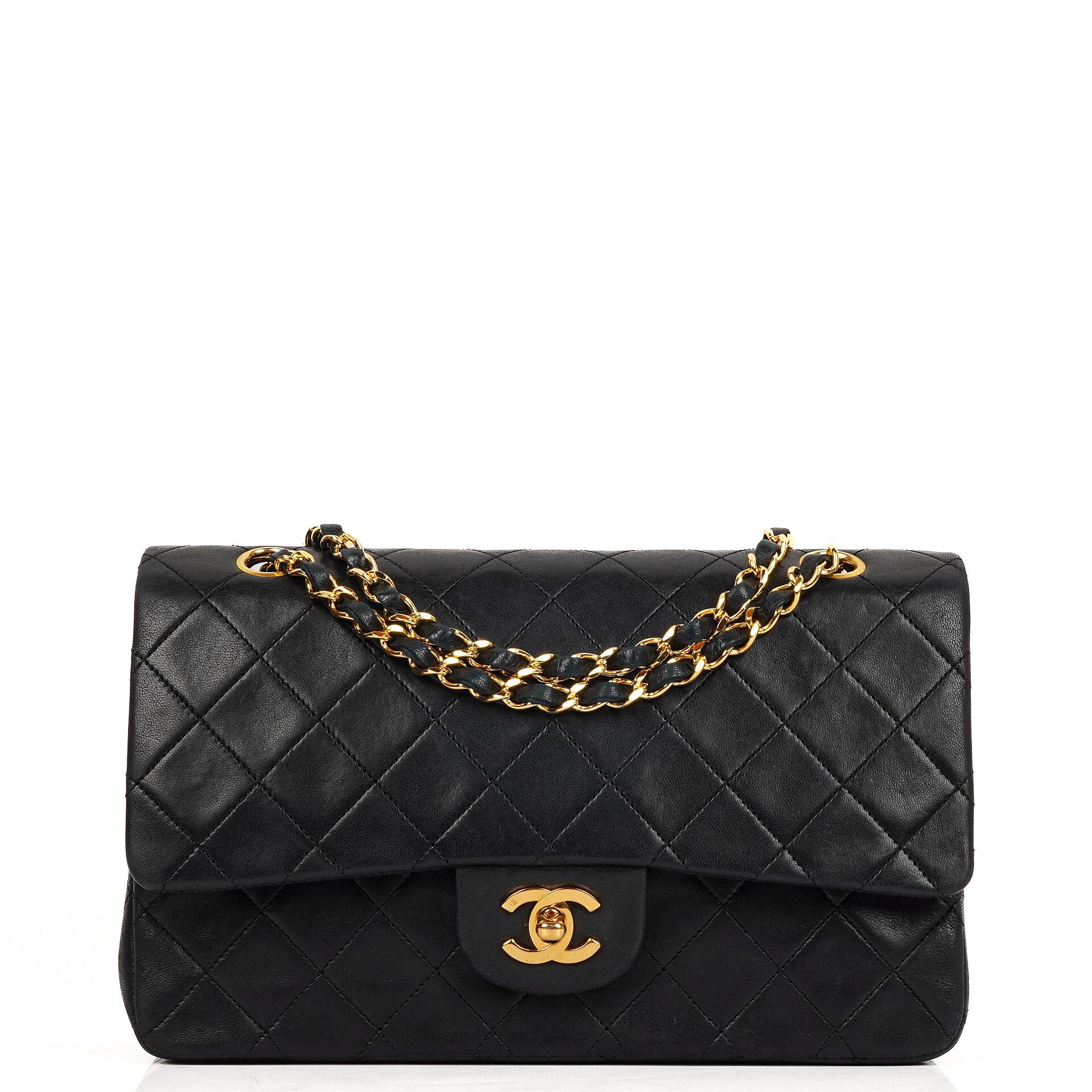 Chanel Medium Classic Vintage Double Flap Bag Black Quilted Lambskin With 24K Gold-Plated Hardware