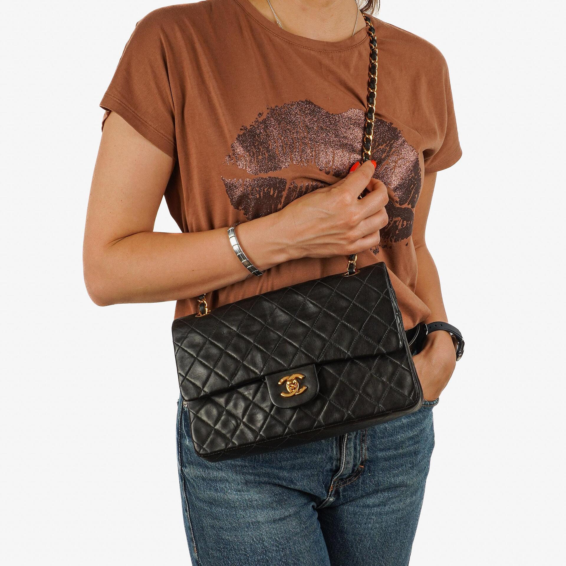 Chanel Medium Classic Vintage Double Flap Bag Black Quilted Lambskin With 24K Gold-Plated Hardware