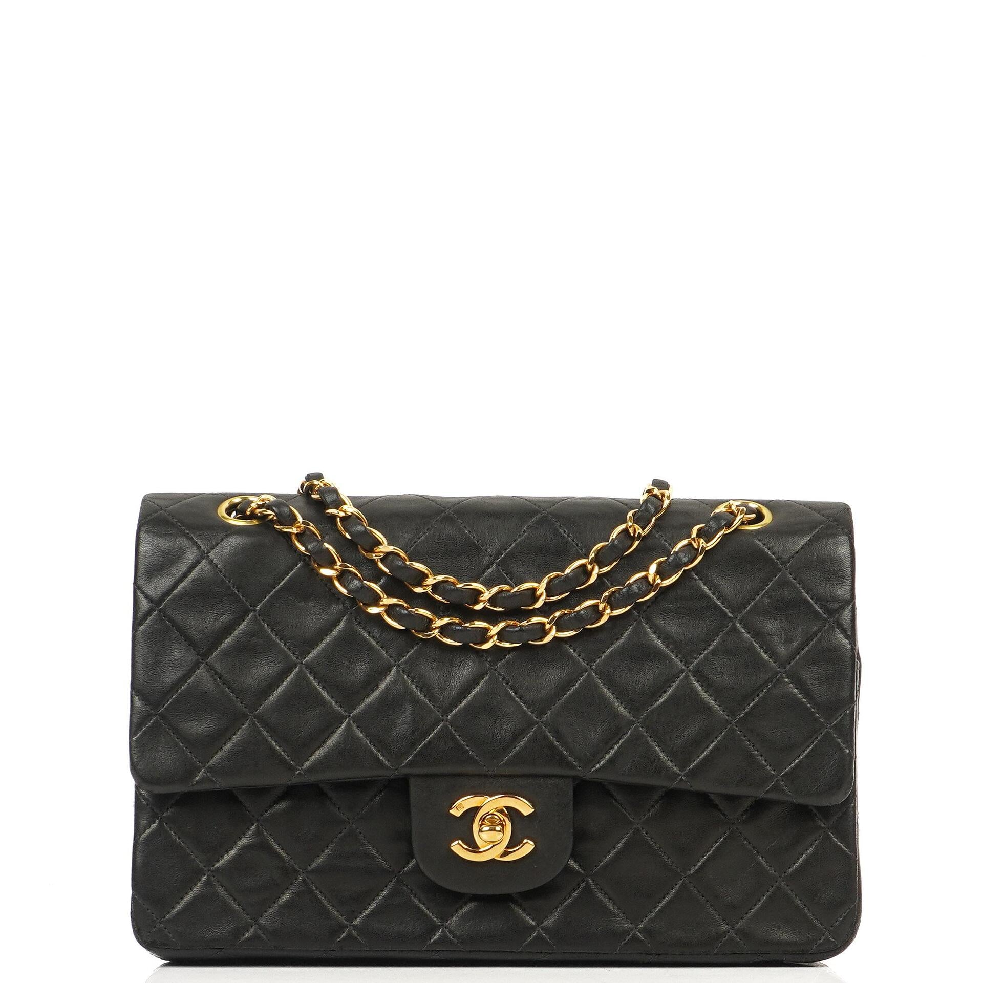 Chanel Medium Classic Vintage Double Flap Bag Black Quilted Lambskin With 24K Gold-Plated Hardware