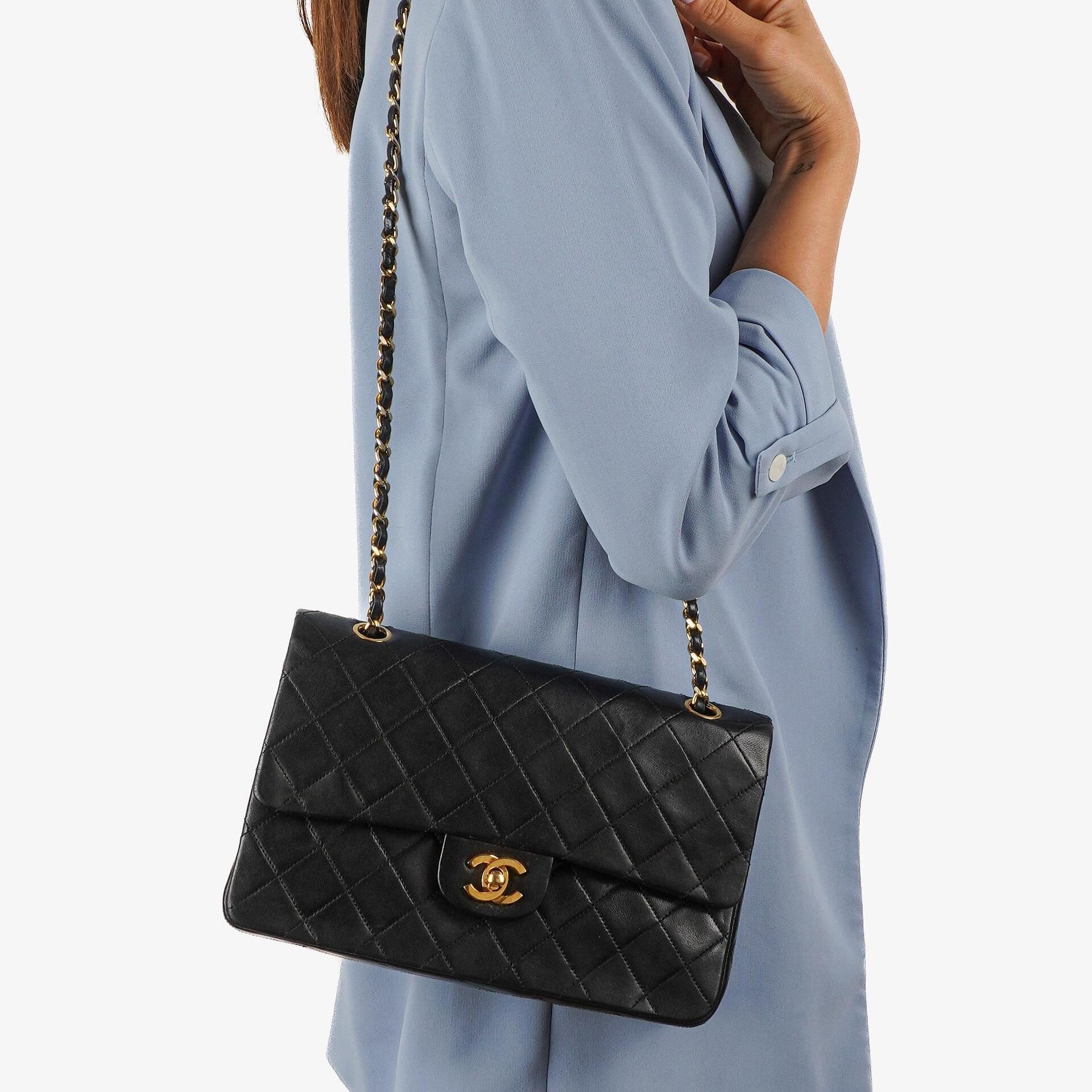Chanel Medium Classic Vintage Double Flap Bag Black Quilted Lambskin With 24K Gold-Plated Hardware